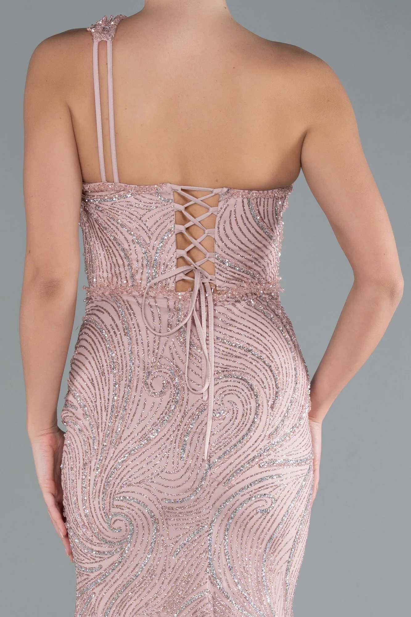 Powder Color-One Shoulder Slit Long Glitter Mermaid Evening Gown ABU4697