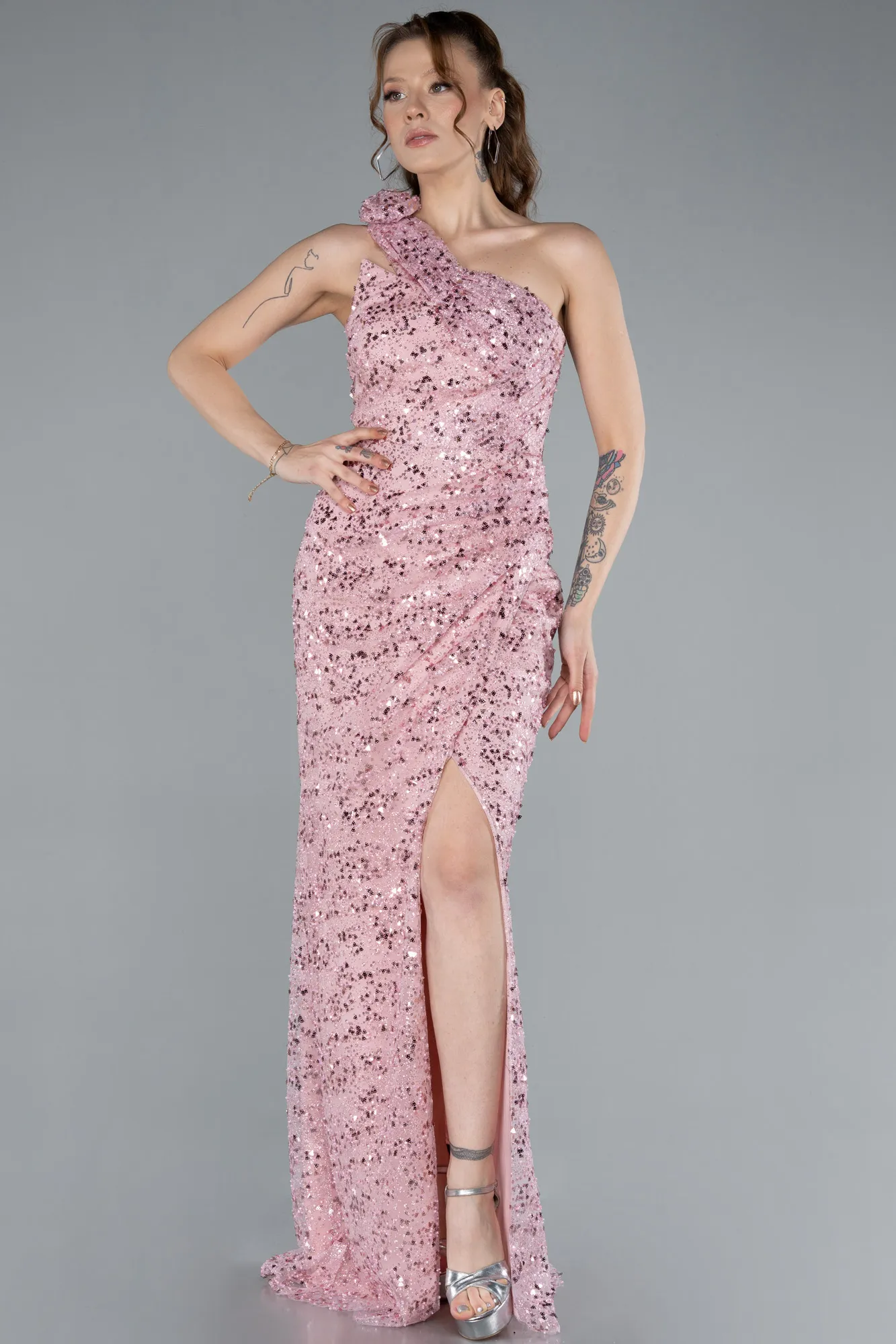 Powder Color-One Shoulder Slit Long Sequin Evening Gown ABU4694