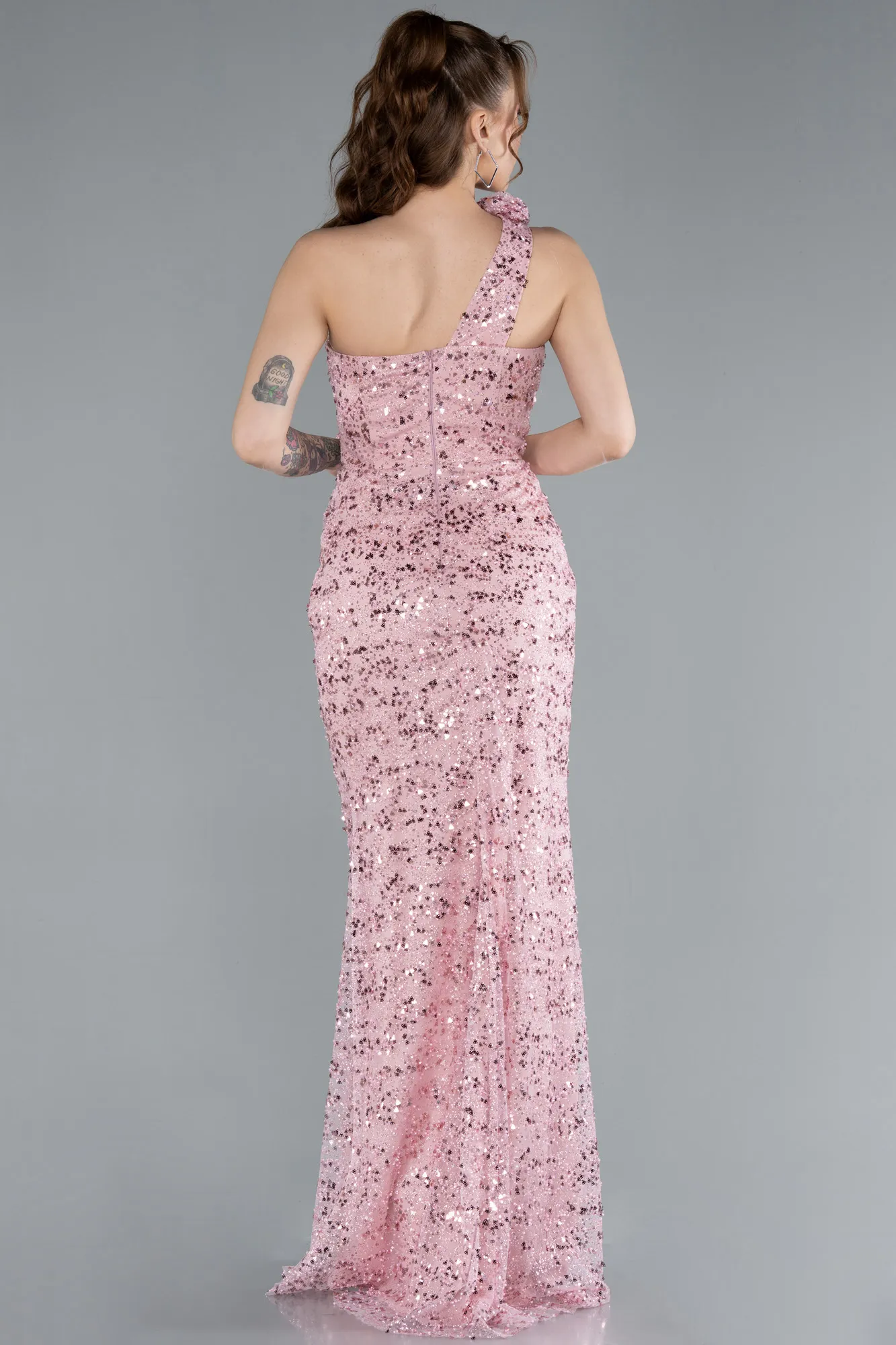 Powder Color-One Shoulder Slit Long Sequin Evening Gown ABU4694