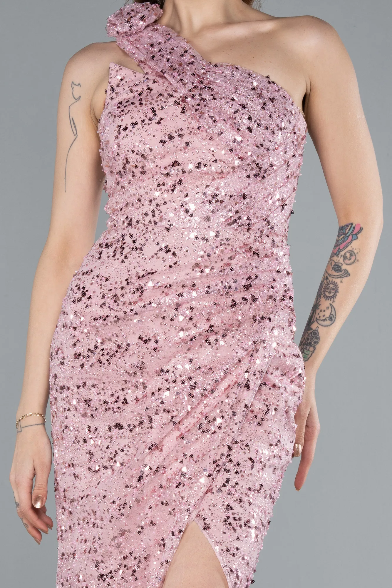 Powder Color-One Shoulder Slit Long Sequin Evening Gown ABU4694