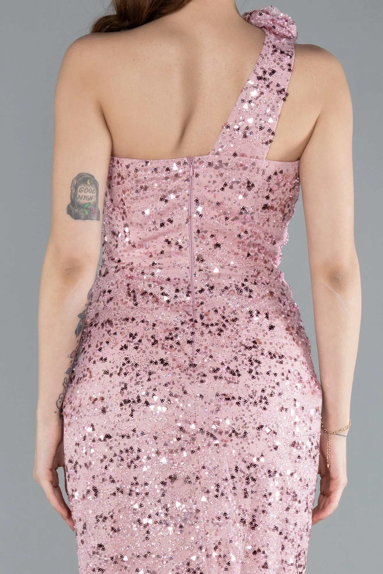 Powder Color-One Shoulder Slit Long Sequin Evening Gown ABU4694