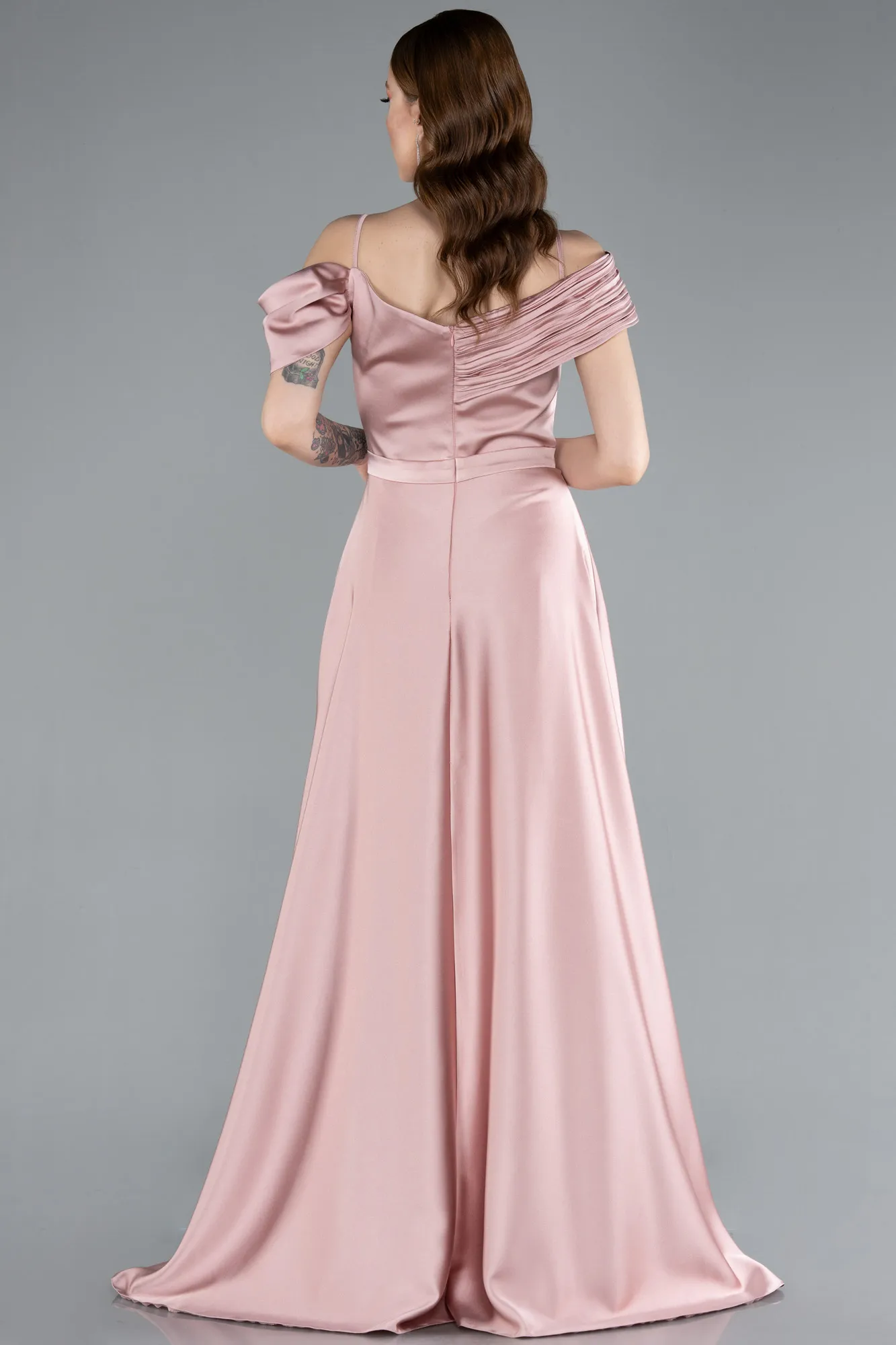Powder Color-Satin Off Shoulder Long Satin Evening Gown ABU4868