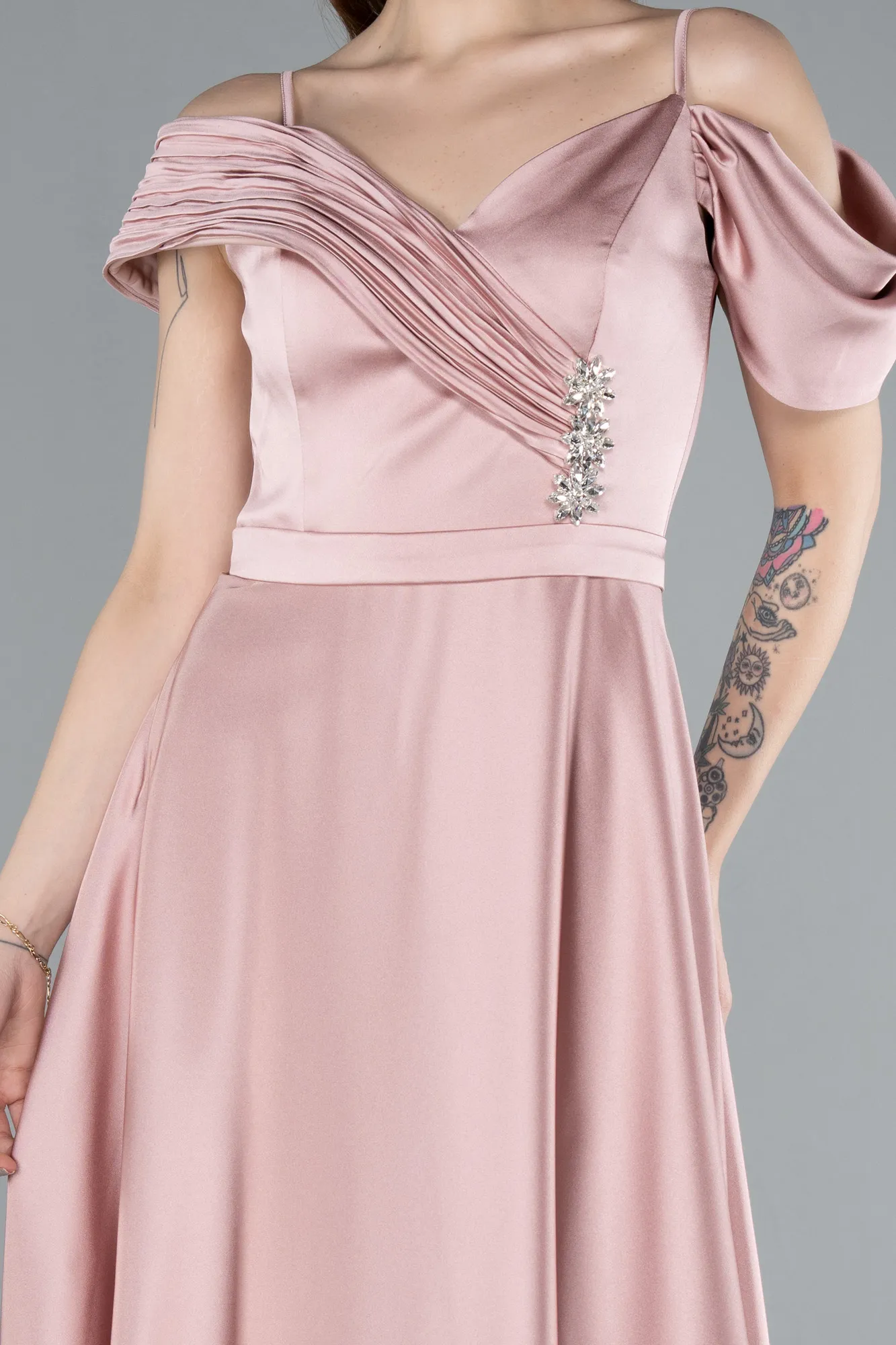 Powder Color-Satin Off Shoulder Long Satin Evening Gown ABU4868