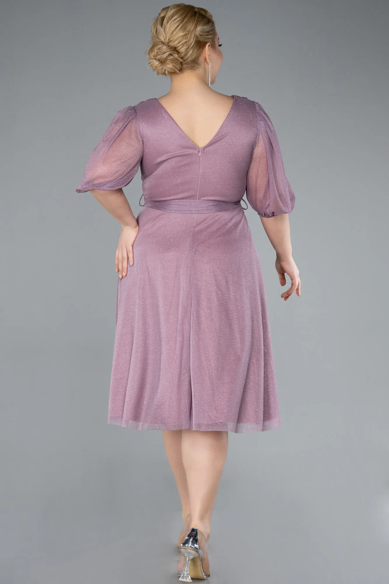 Powder Color-Short Sleeve Glitter Midi Plus Size Invatation Dress ABK2135