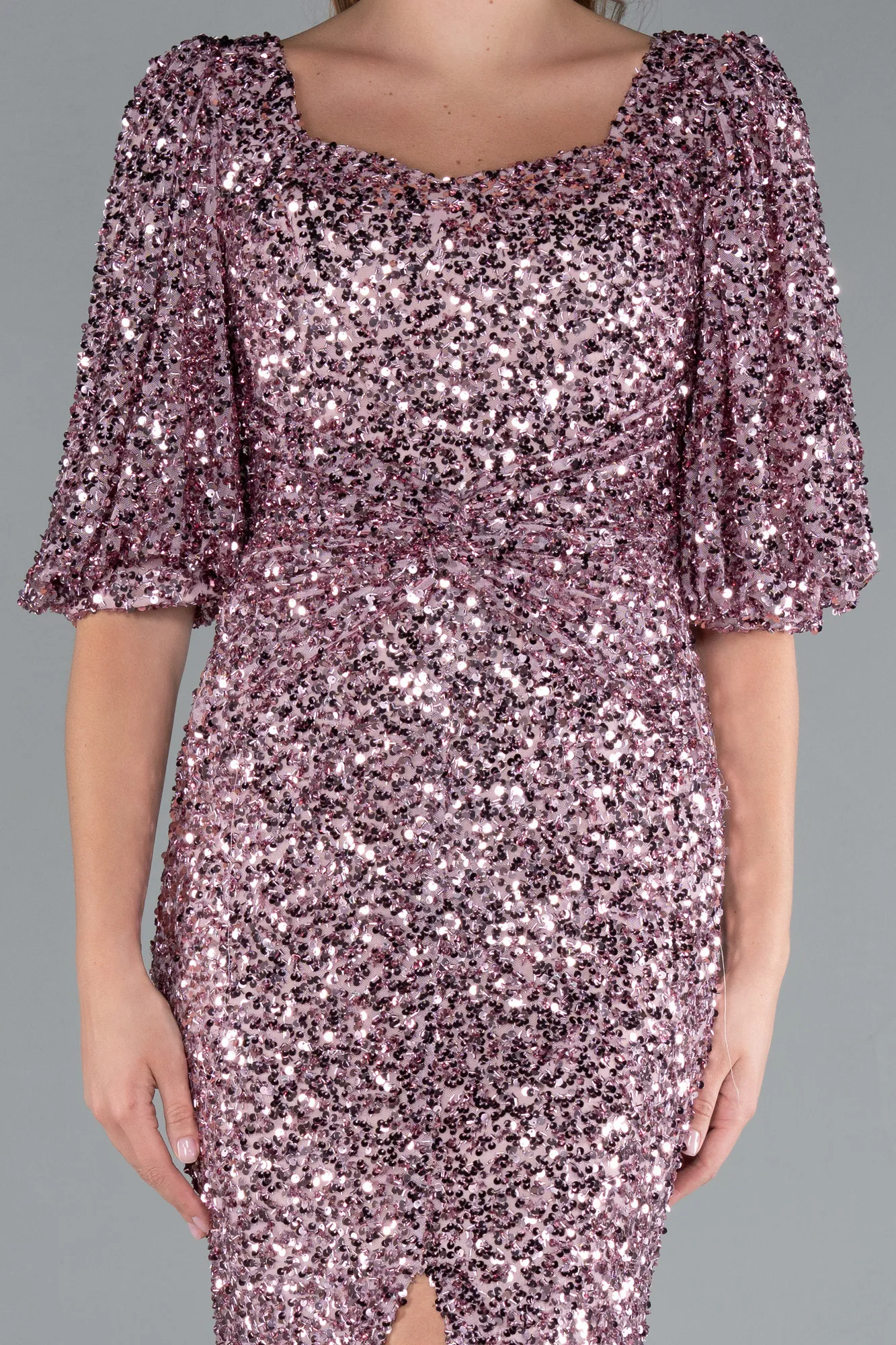 Powder Color-Short Sleeve Square Neck Slit Long Scaly Evening Gown ABU4848