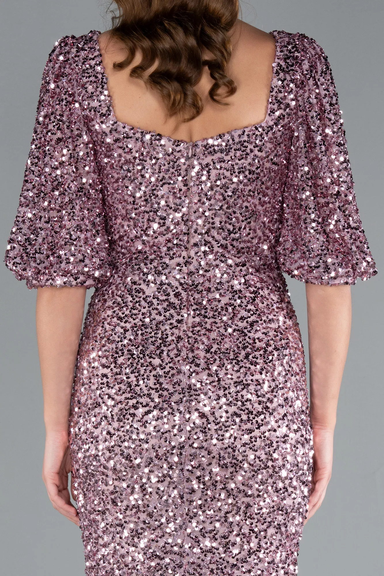 Powder Color-Short Sleeve Square Neck Slit Long Scaly Evening Gown ABU4848