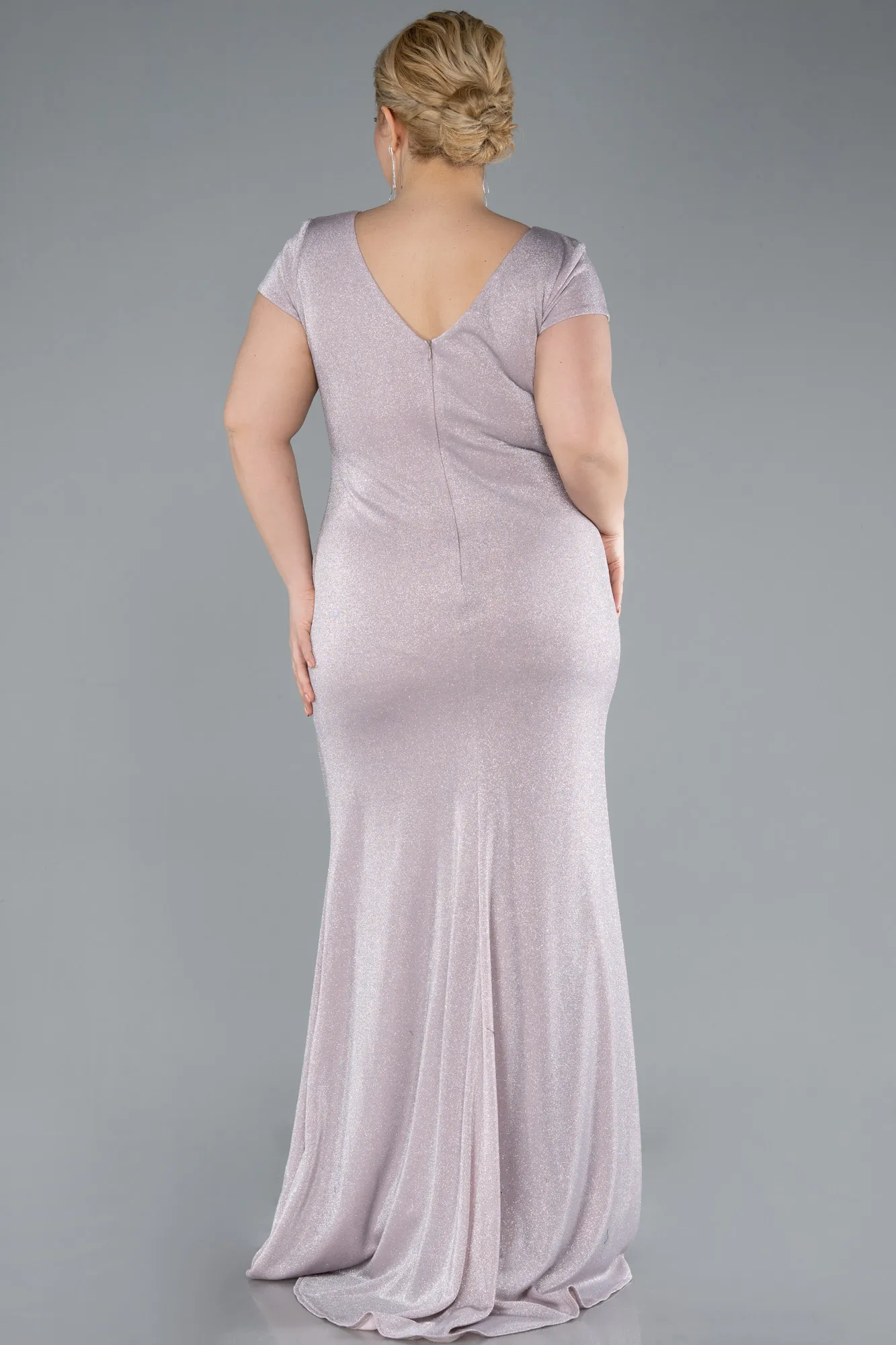 Powder Color-Short Sleeve V Neck Glitter Long Plus Size Evening Dress ABU5123