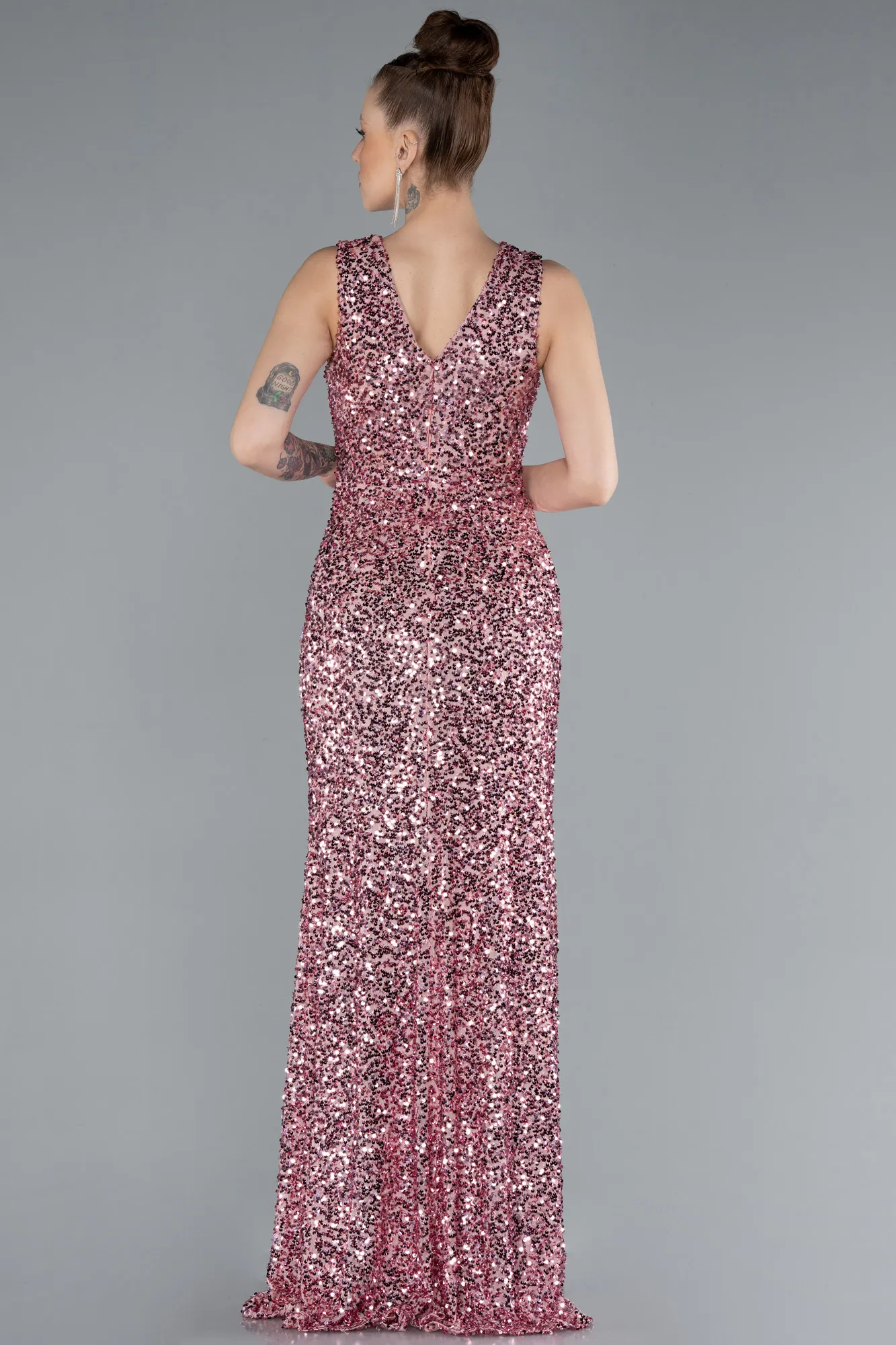 Powder Color-Sleeveless Slit Long Sequin Evening Gown ABU4672