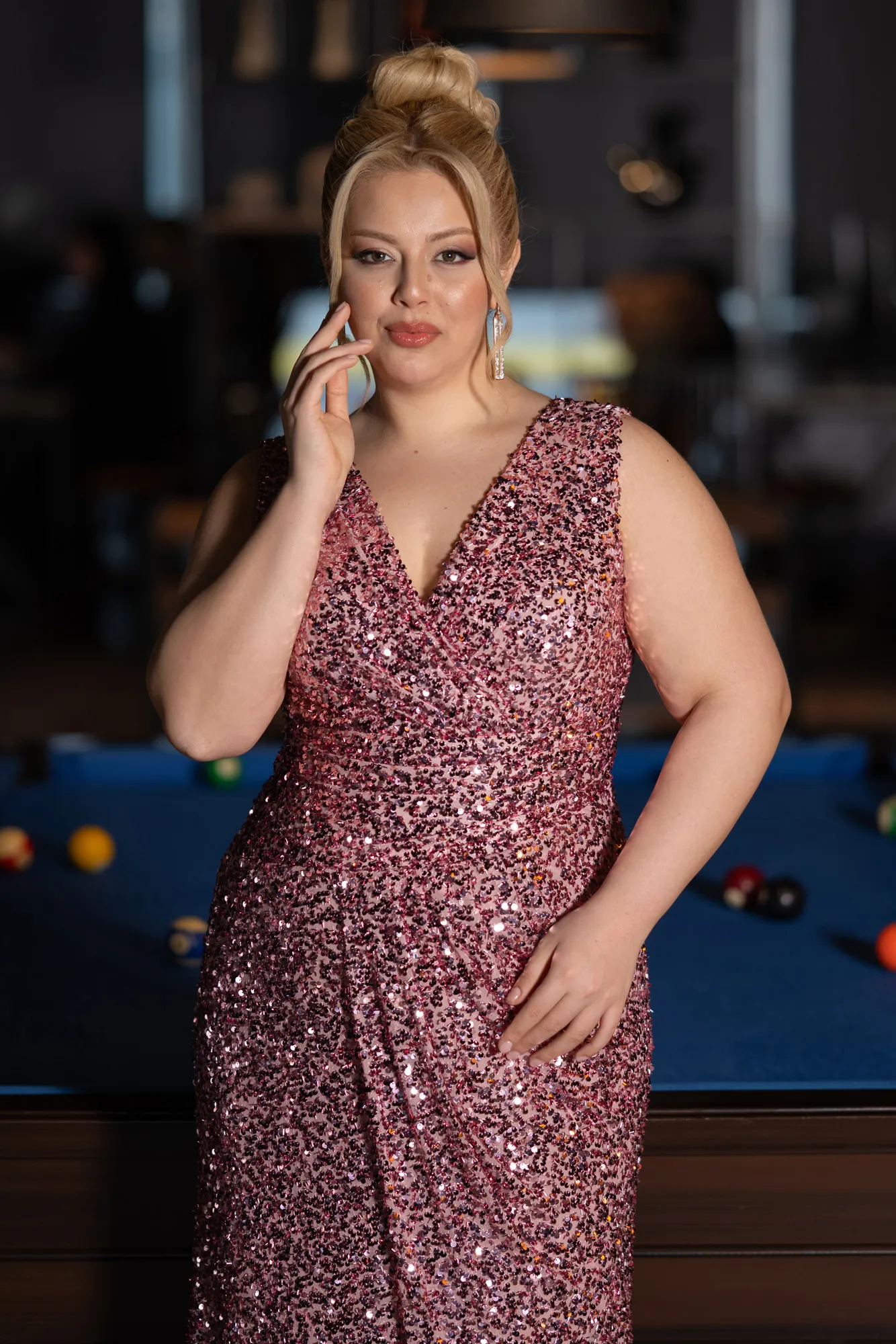 Powder Color-Sleeveless Slit Long Sequin Plus Size Evening Gown ABU4673