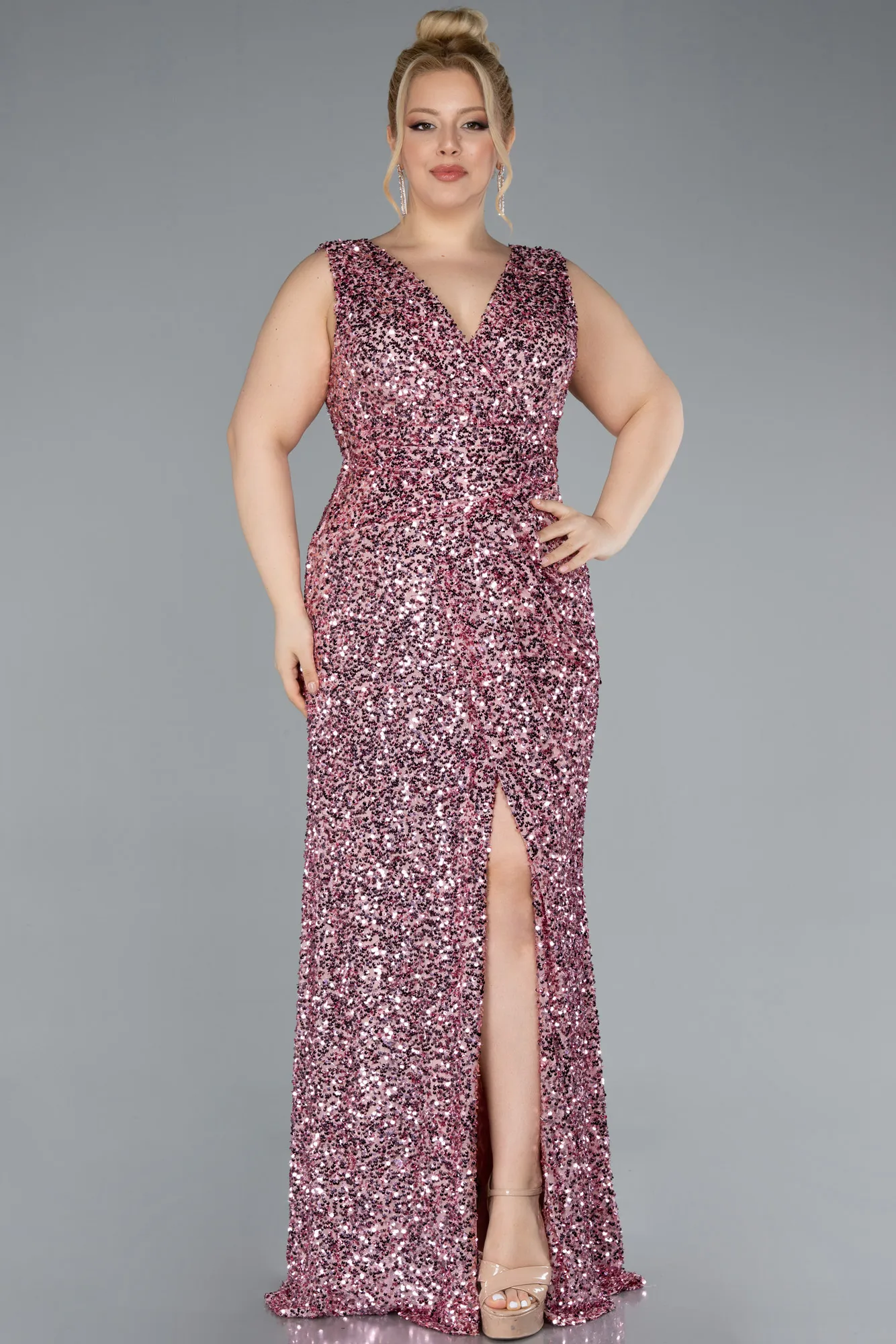 Powder Color-Sleeveless Slit Long Sequin Plus Size Evening Gown ABU4673