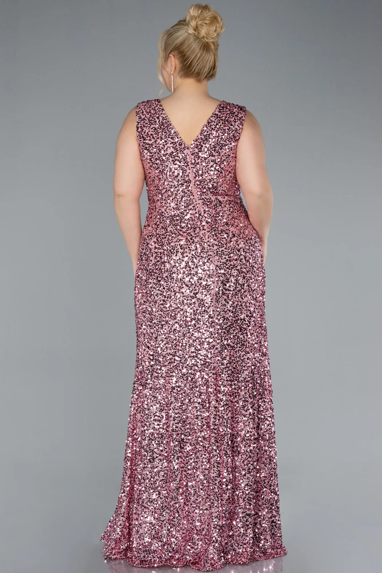 Powder Color-Sleeveless Slit Long Sequin Plus Size Evening Gown ABU4673