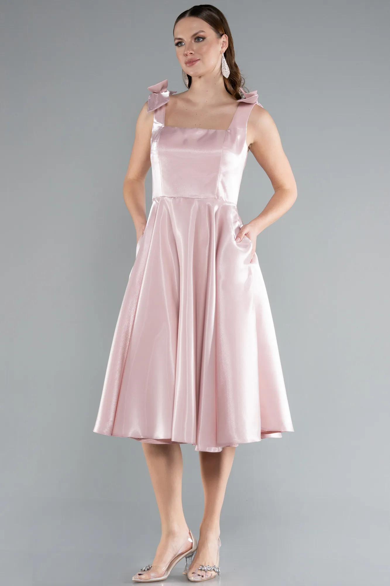 Powder Color-Sleeveless Square Neck Midi Satin Party Dress ABK2285