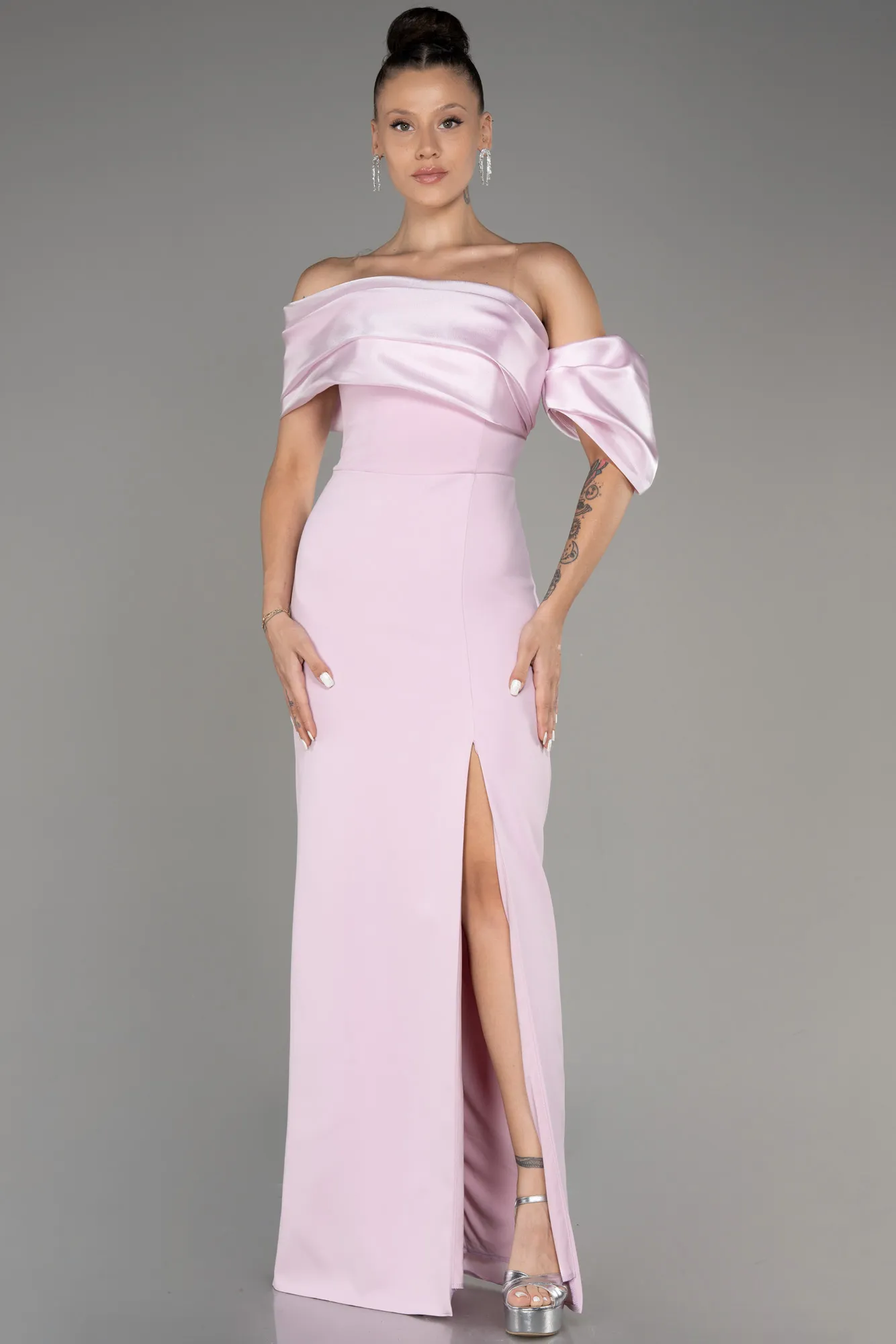 Powder Color-Off Shoulder Satin Drape Slit Evening Gown ABU4024