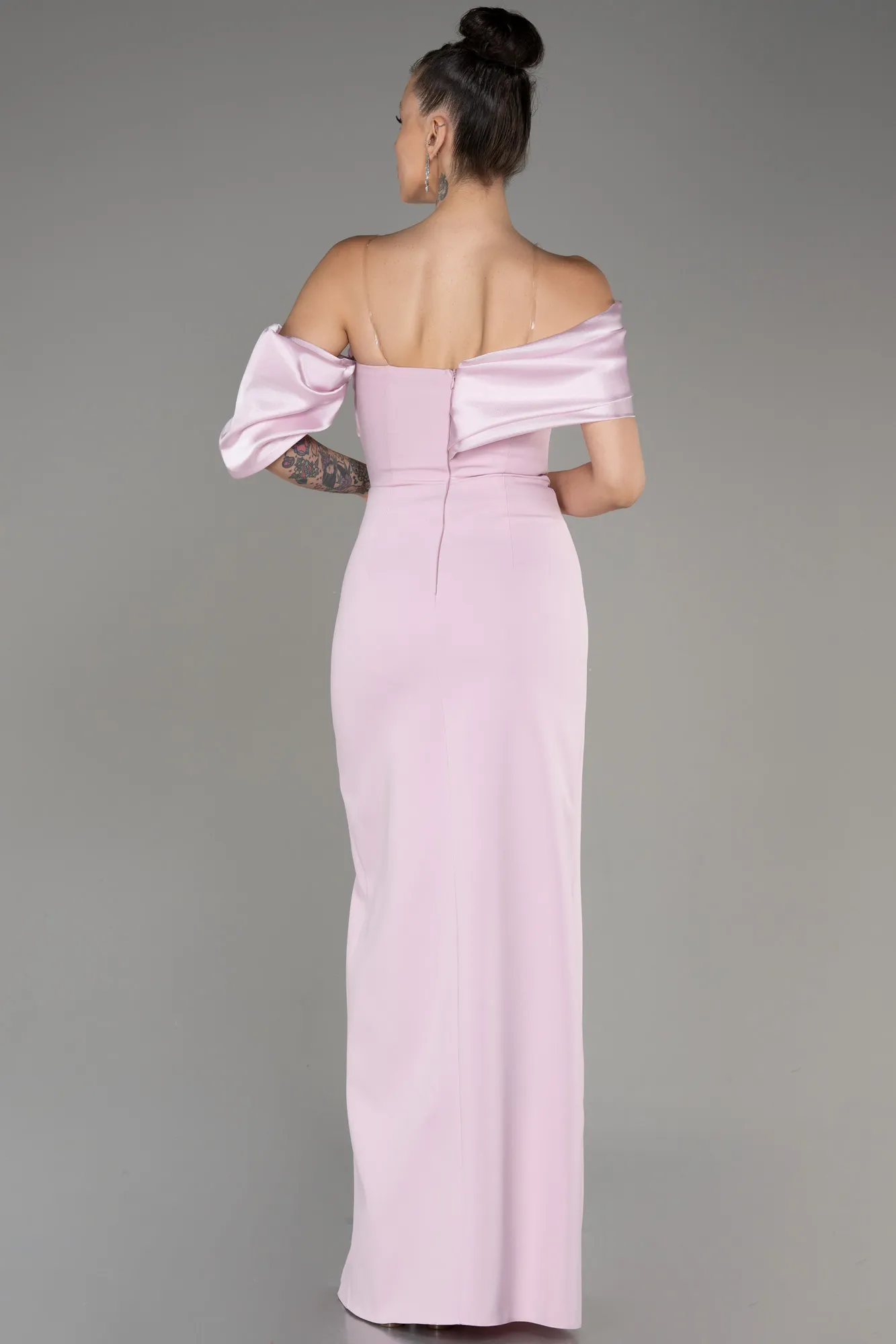 Powder Color-Off Shoulder Satin Drape Slit Evening Gown ABU4024