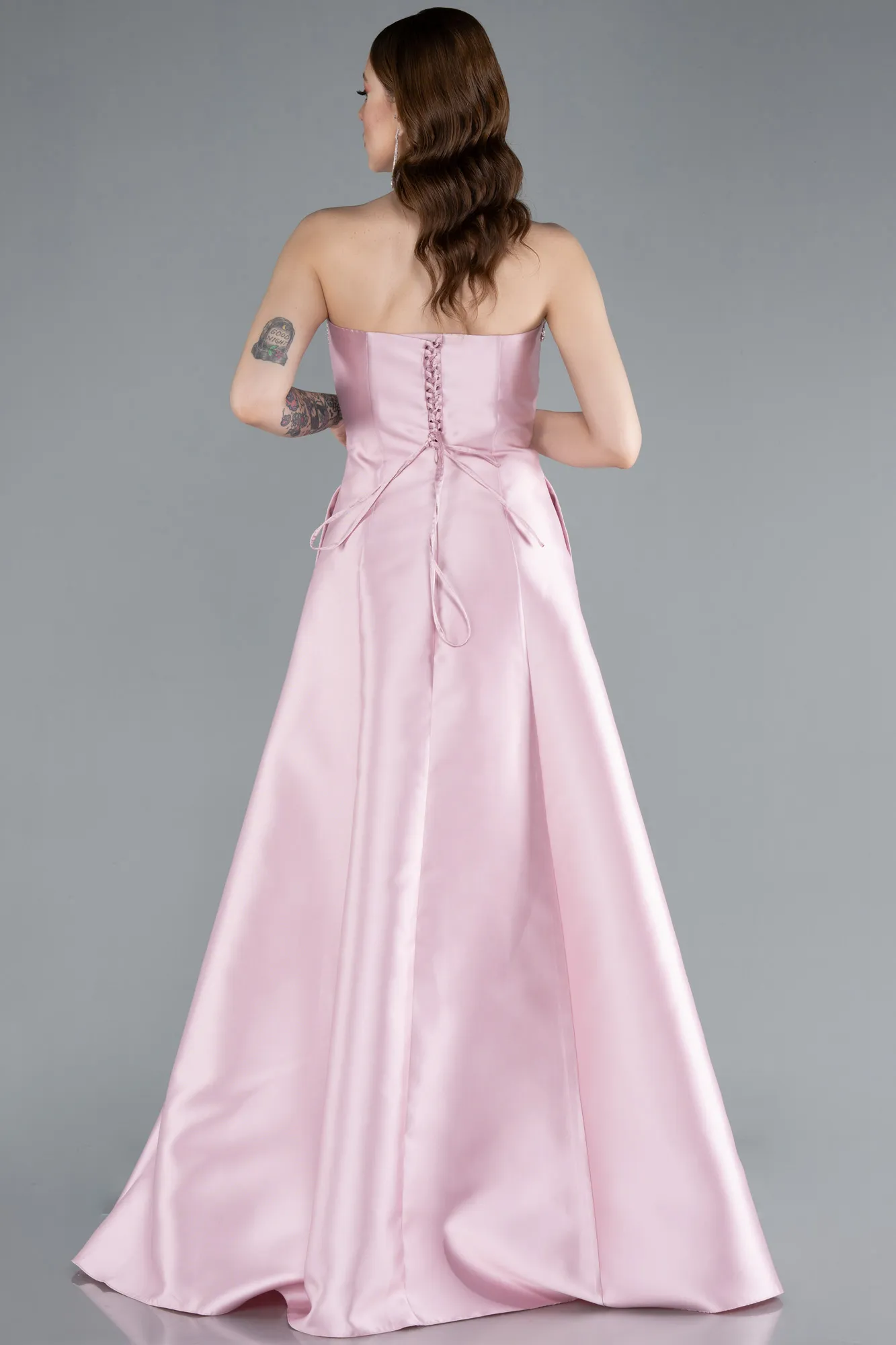 Powder Color-Stoned Strapless Long Taffeta Evening Dress ABU4743
