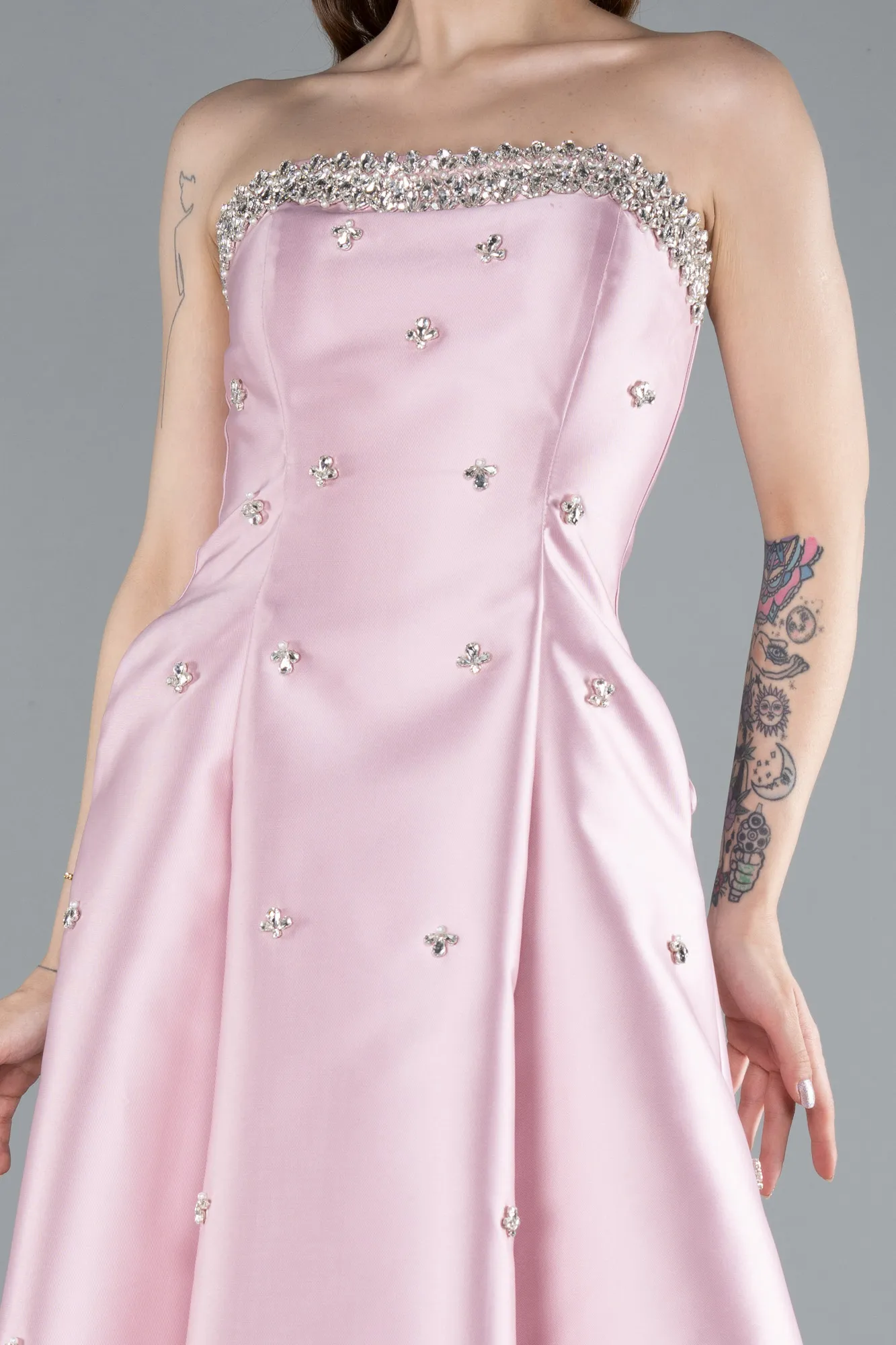 Powder Color-Stoned Strapless Long Taffeta Evening Dress ABU4743