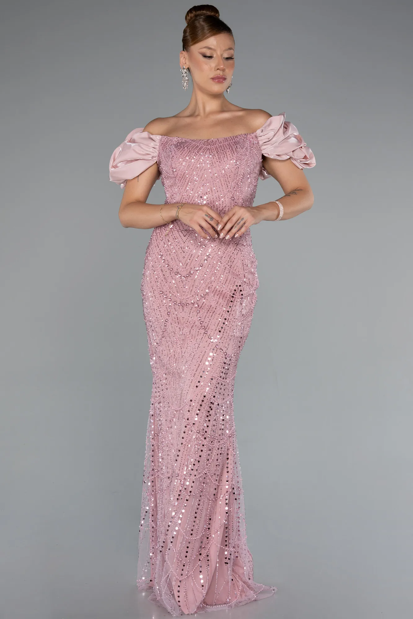 Powder Color-Stoned Strapless Sleeve Accessories Long Mermaid Evening Gown ABU4509