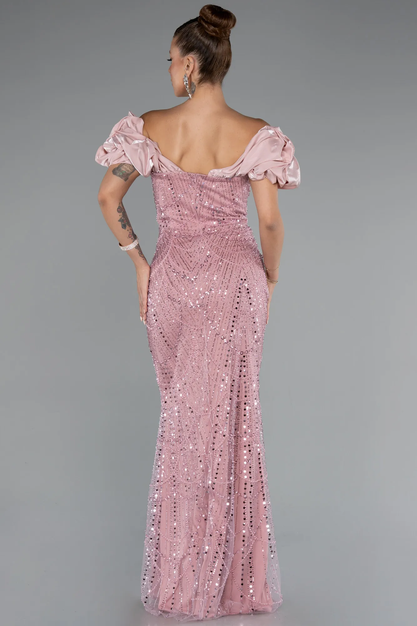 Powder Color-Stoned Strapless Sleeve Accessories Long Mermaid Evening Gown ABU4509