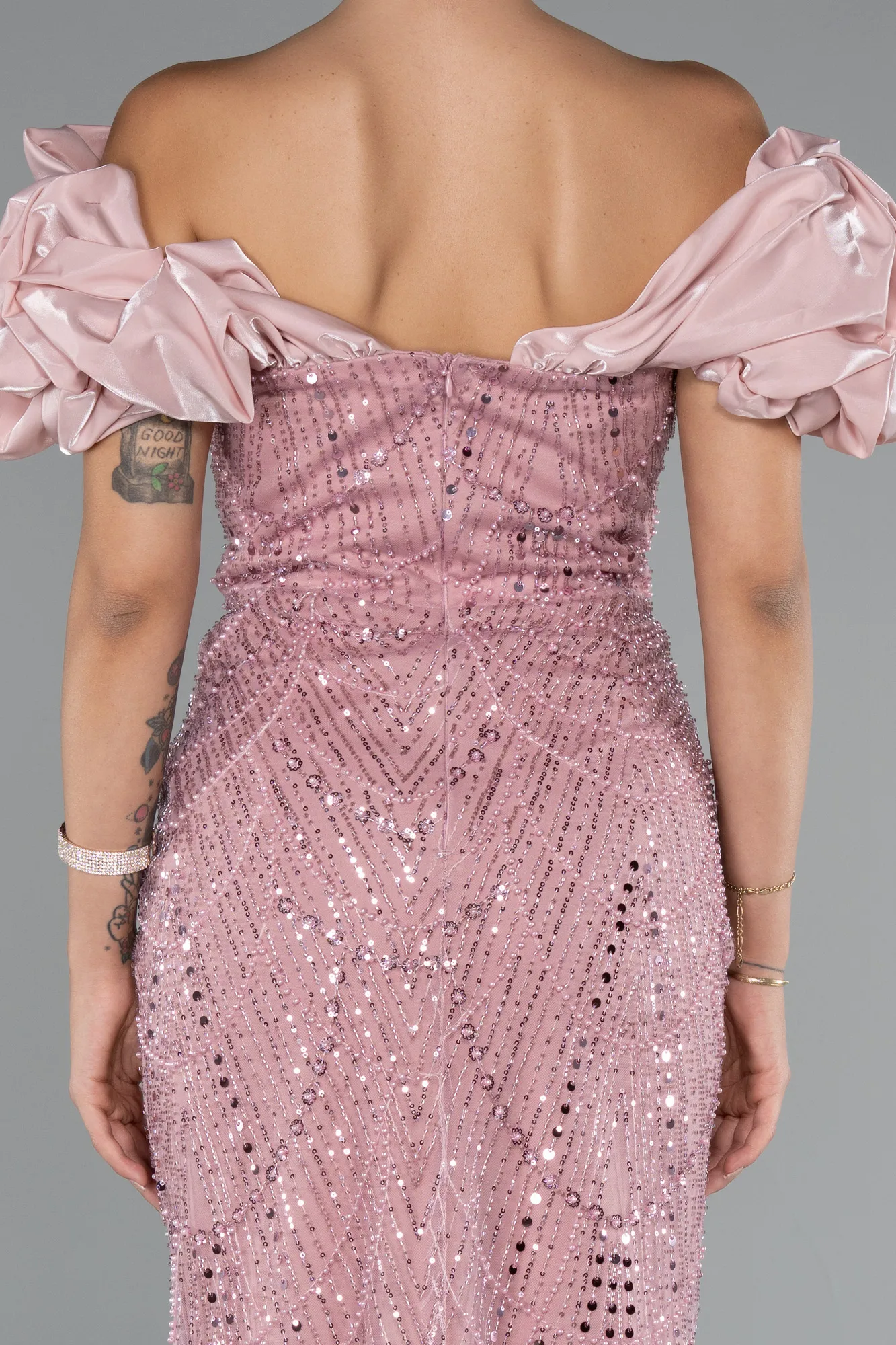 Powder Color-Stoned Strapless Sleeve Accessories Long Mermaid Evening Gown ABU4509