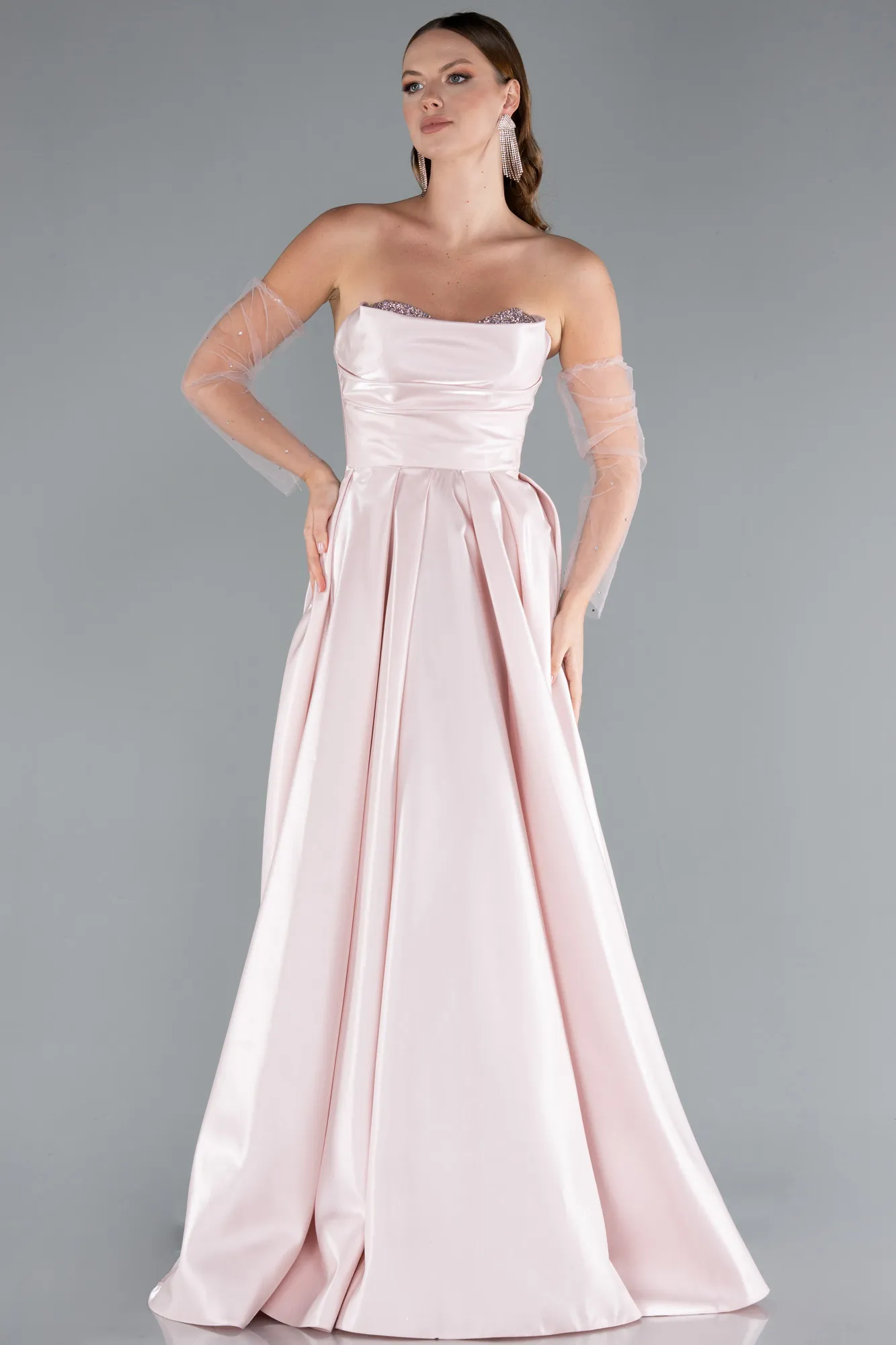 Powder Color-Stoned Strapless Sleeve Accessory Long Taffeta Evening Dress ABU4846