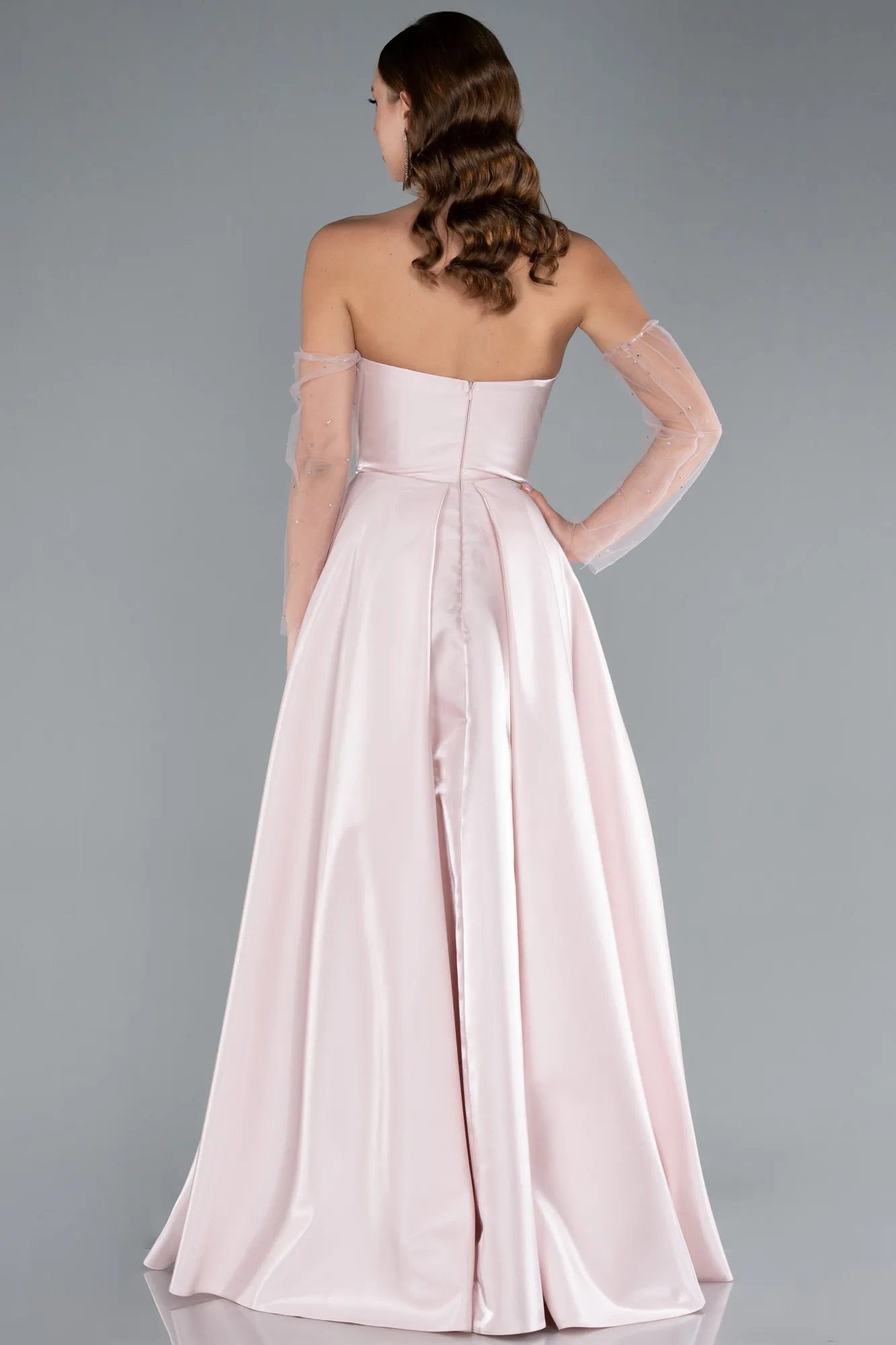 Powder Color-Stoned Strapless Sleeve Accessory Long Taffeta Evening Dress ABU4846