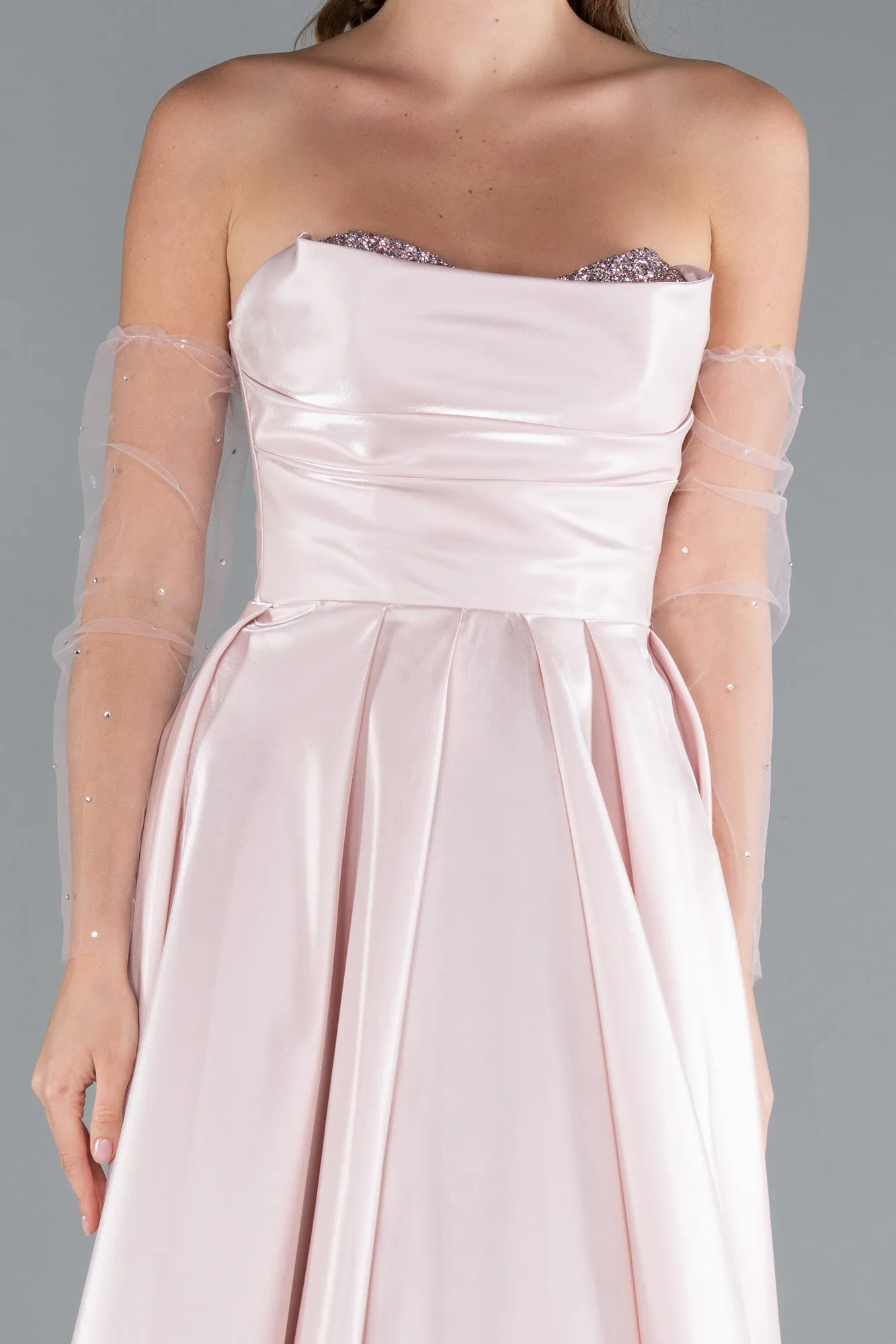 Powder Color-Stoned Strapless Sleeve Accessory Long Taffeta Evening Dress ABU4846