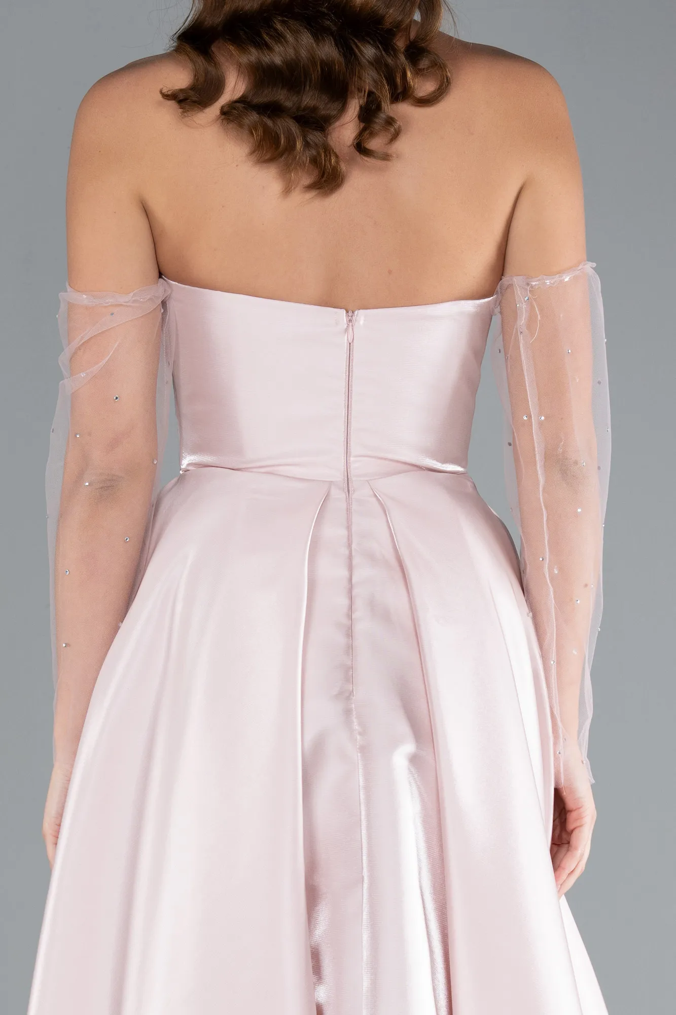 Powder Color-Stoned Strapless Sleeve Accessory Long Taffeta Evening Dress ABU4846