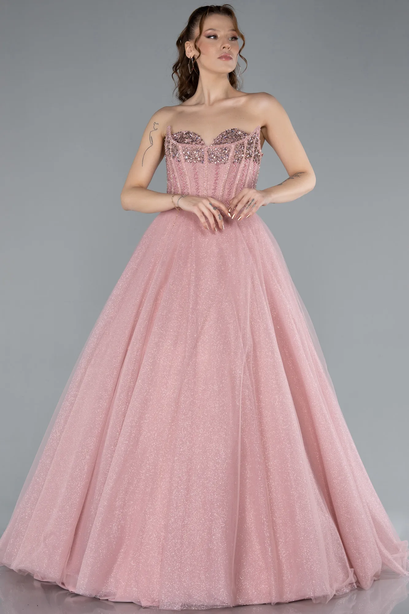 Powder Color-Stoned Strapless Underwire Long Silvery Ball Gown ABU4689