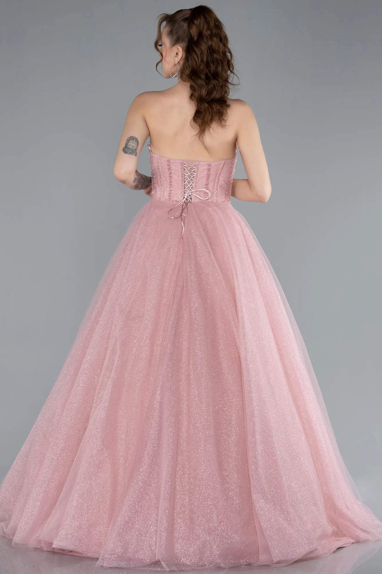 Powder Color-Stoned Strapless Underwire Long Silvery Ball Gown ABU4689