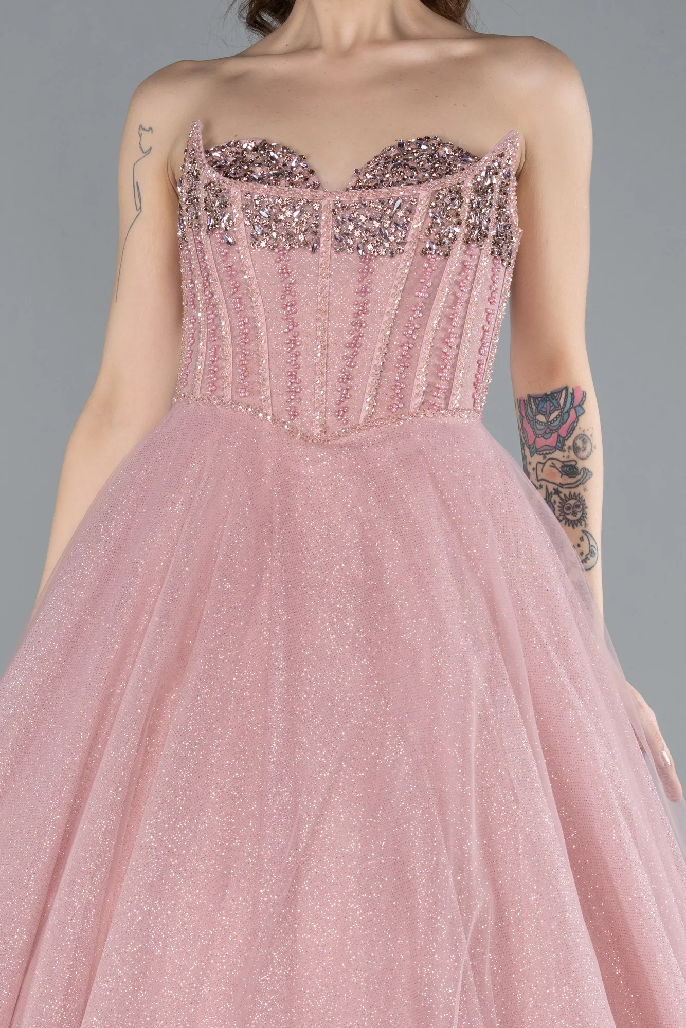 Powder Color-Stoned Strapless Underwire Long Silvery Ball Gown ABU4689