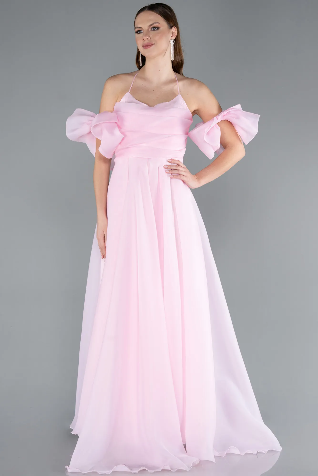 Powder Color-Strap Puff Sleeve Detail Long Prom Dress ABU4773