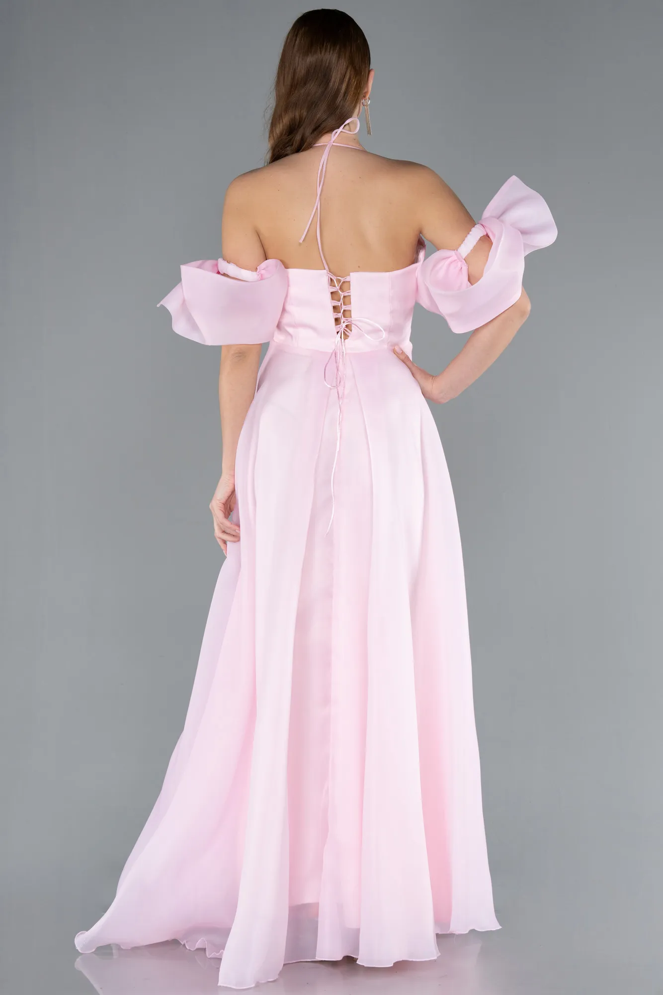 Powder Color-Strap Puff Sleeve Detail Long Prom Dress ABU4773