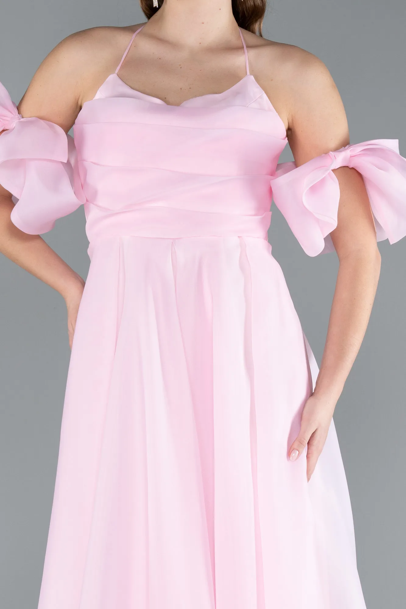 Powder Color-Strap Puff Sleeve Detail Long Prom Dress ABU4773