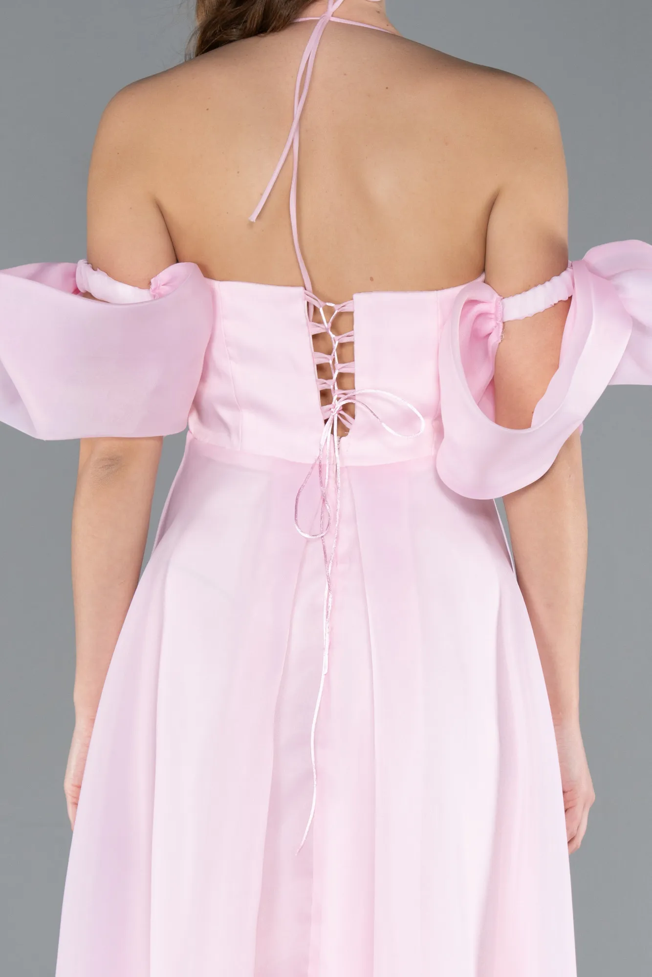 Powder Color-Strap Puff Sleeve Detail Long Prom Dress ABU4773