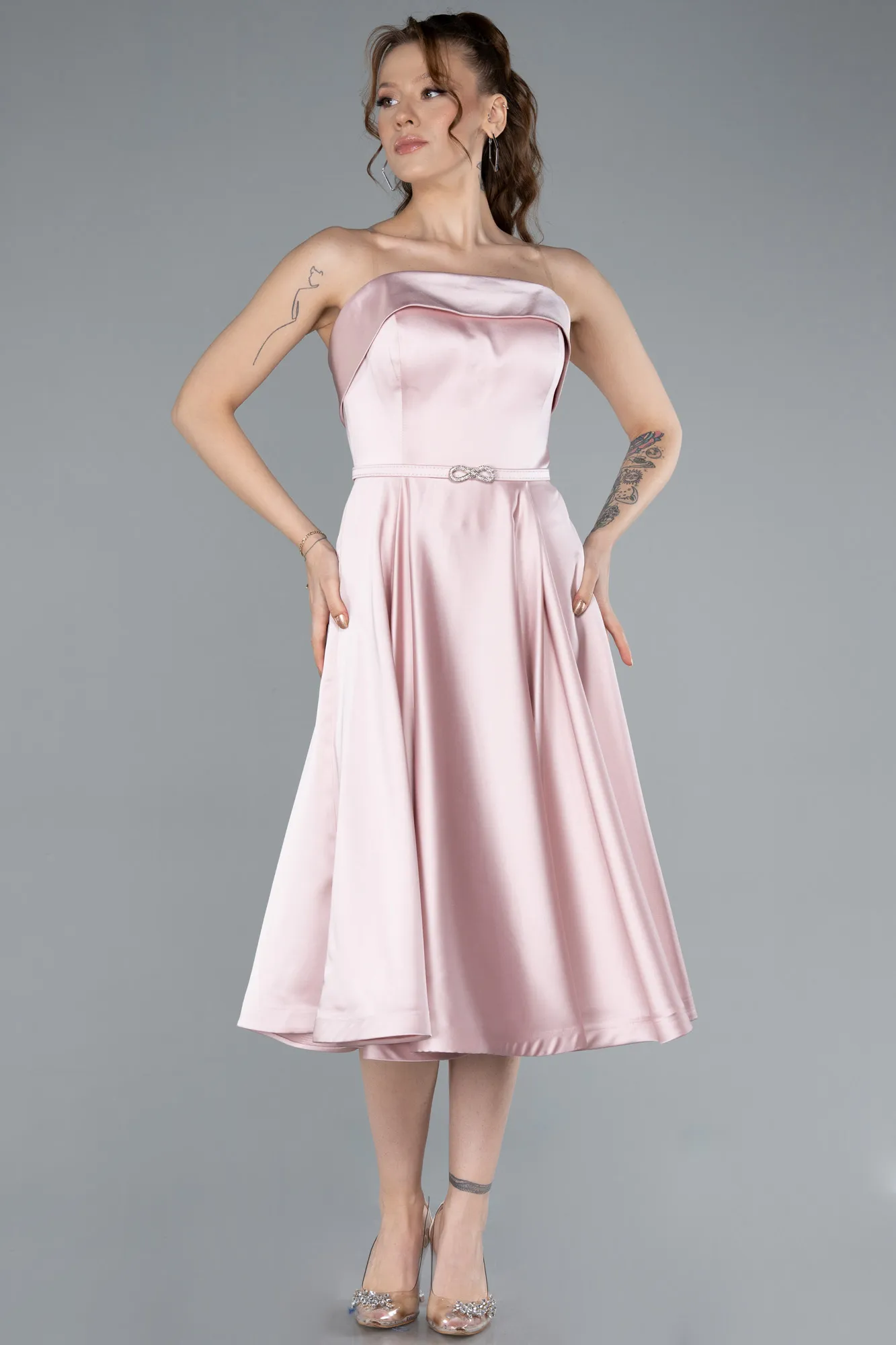 Powder Color-Strapless Belted Midi Satin Party Dress ABK2269