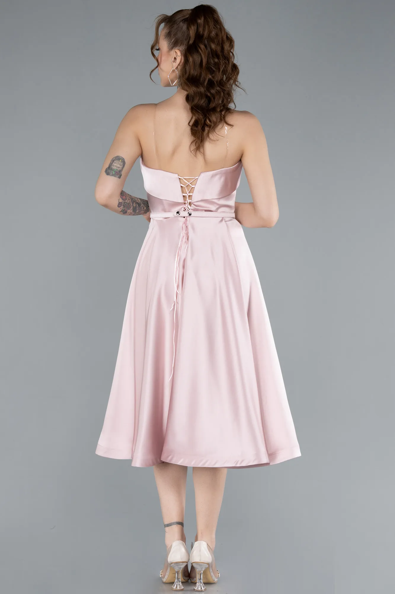Powder Color-Strapless Belted Midi Satin Party Dress ABK2269