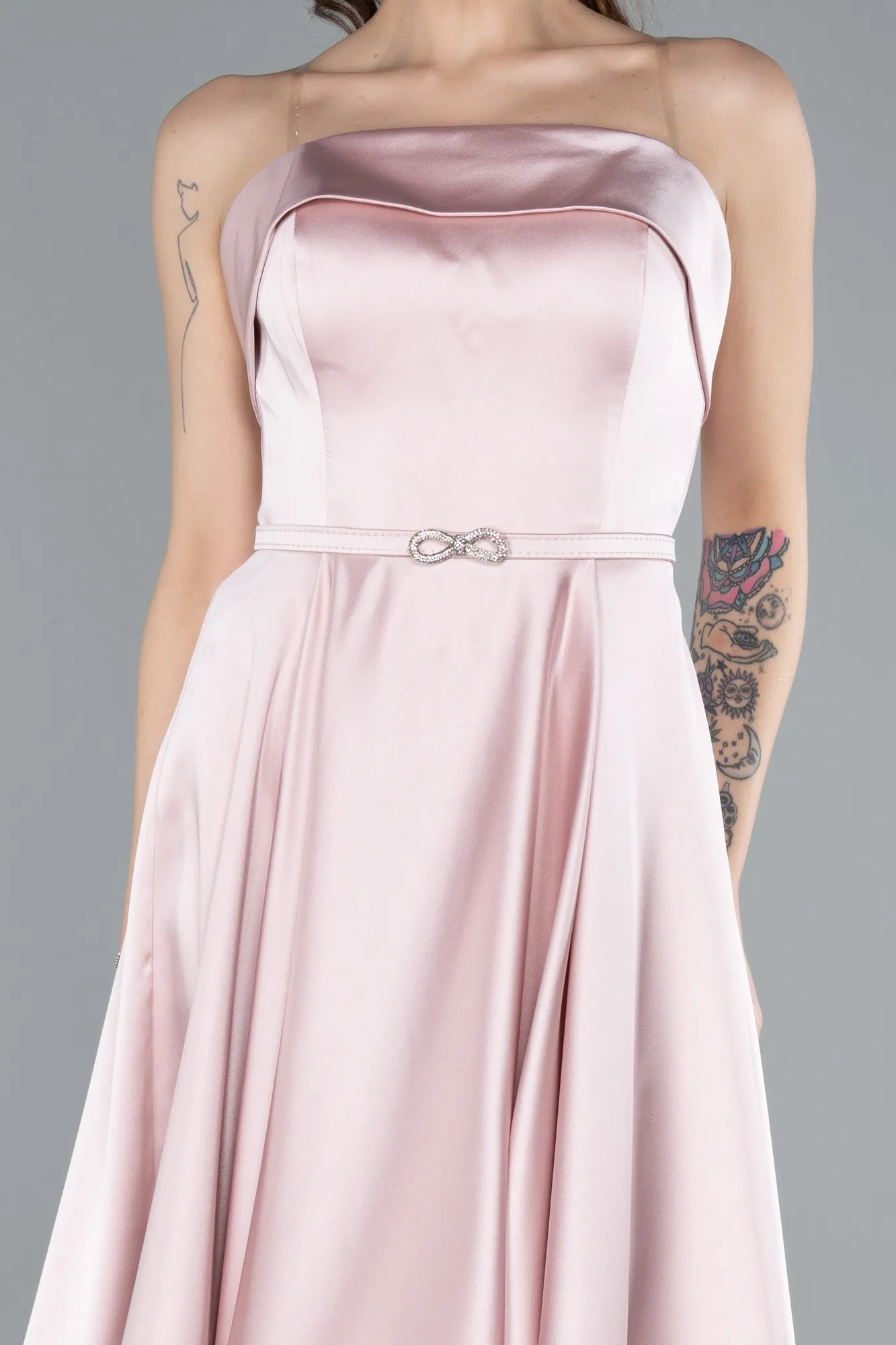Powder Color-Strapless Belted Midi Satin Party Dress ABK2269