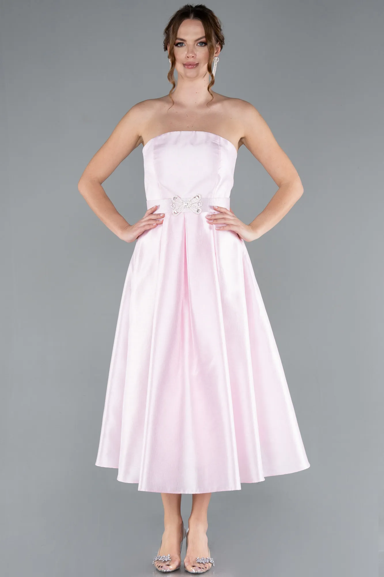 Powder Color-Strapless Belted Midi Taffeta Party Dress ABK2287