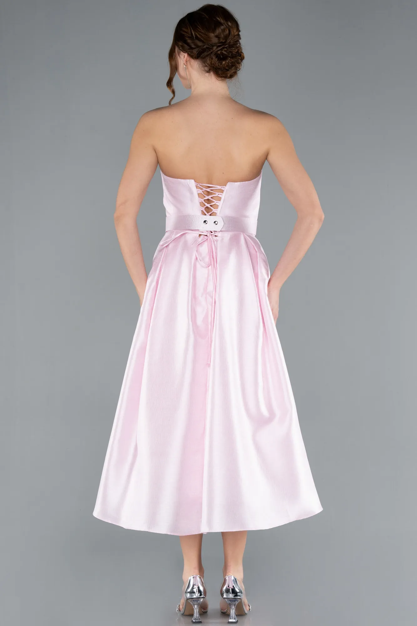 Powder Color-Strapless Belted Midi Taffeta Party Dress ABK2287