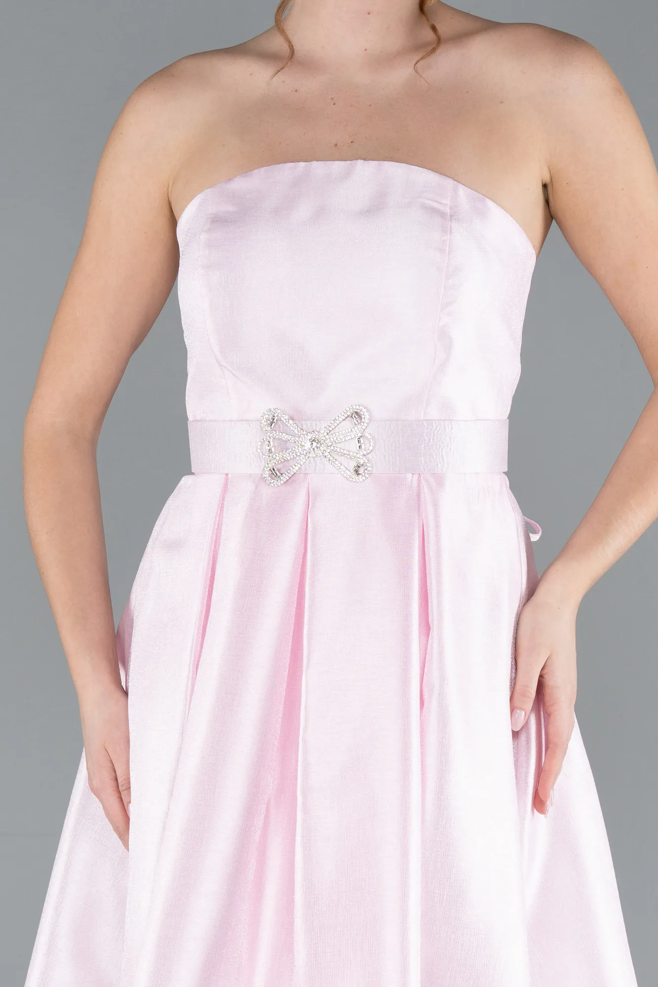 Powder Color-Strapless Belted Midi Taffeta Party Dress ABK2287