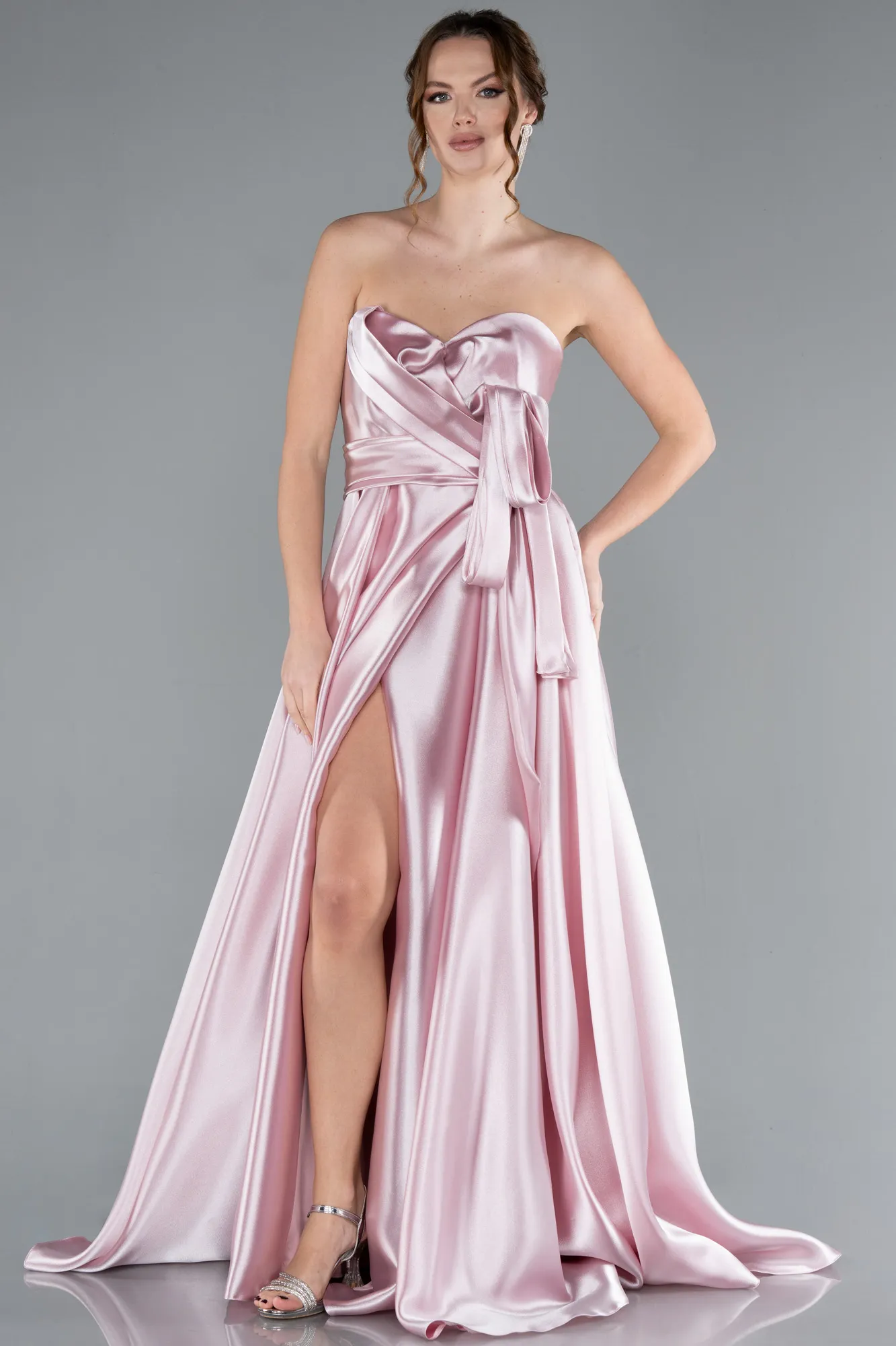 Powder Color-Strapless High Slit Long Satin Graduation Prom Dress ABU4774