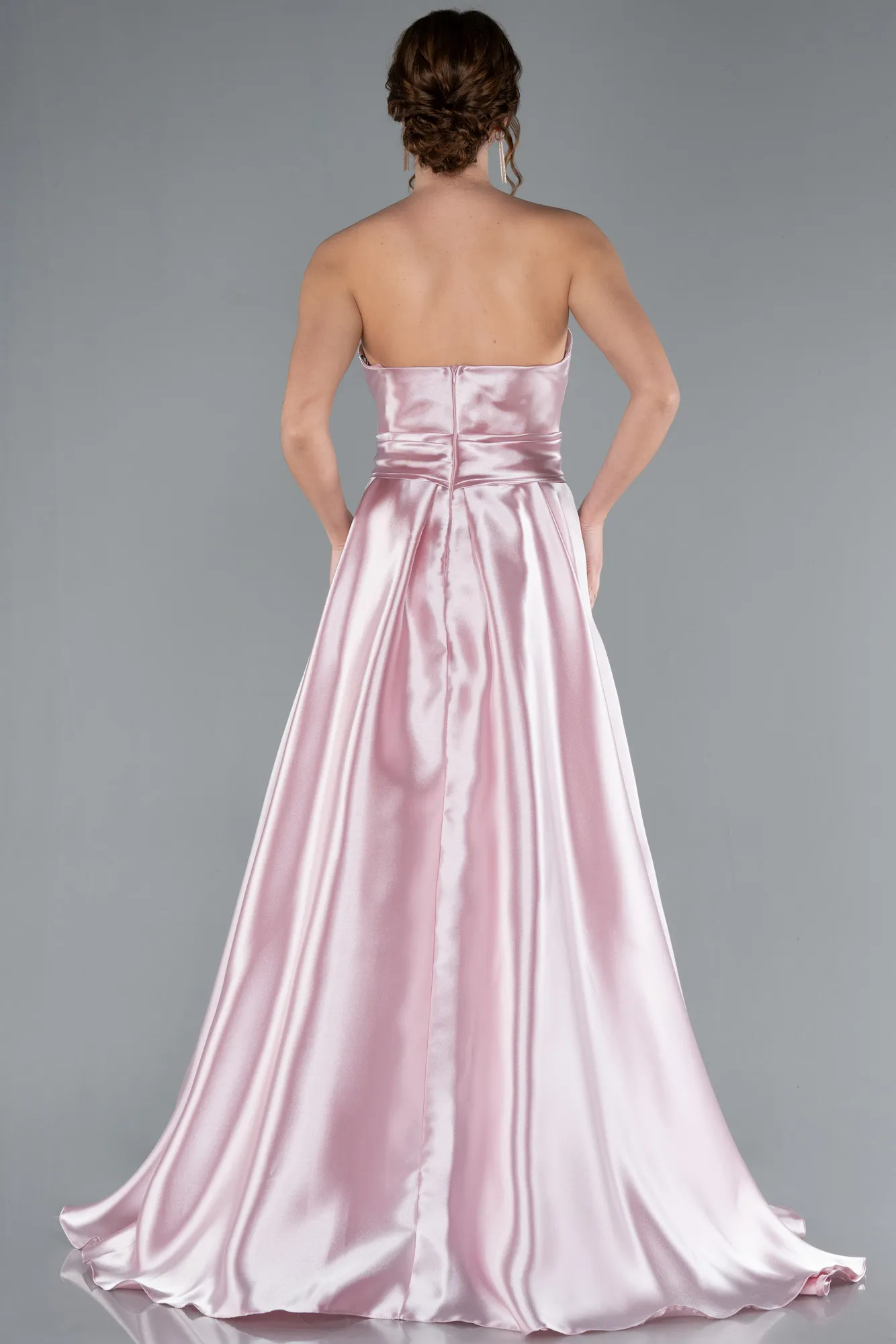 Powder Color-Strapless High Slit Long Satin Graduation Prom Dress ABU4774