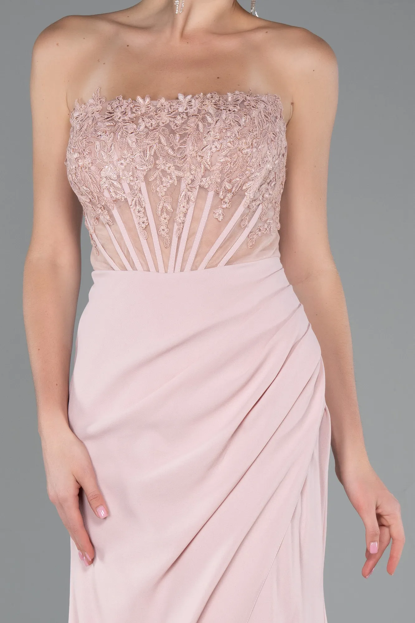 Powder Color-Strapless Lace Appliqued Slit Long Evening Gown ABU5001