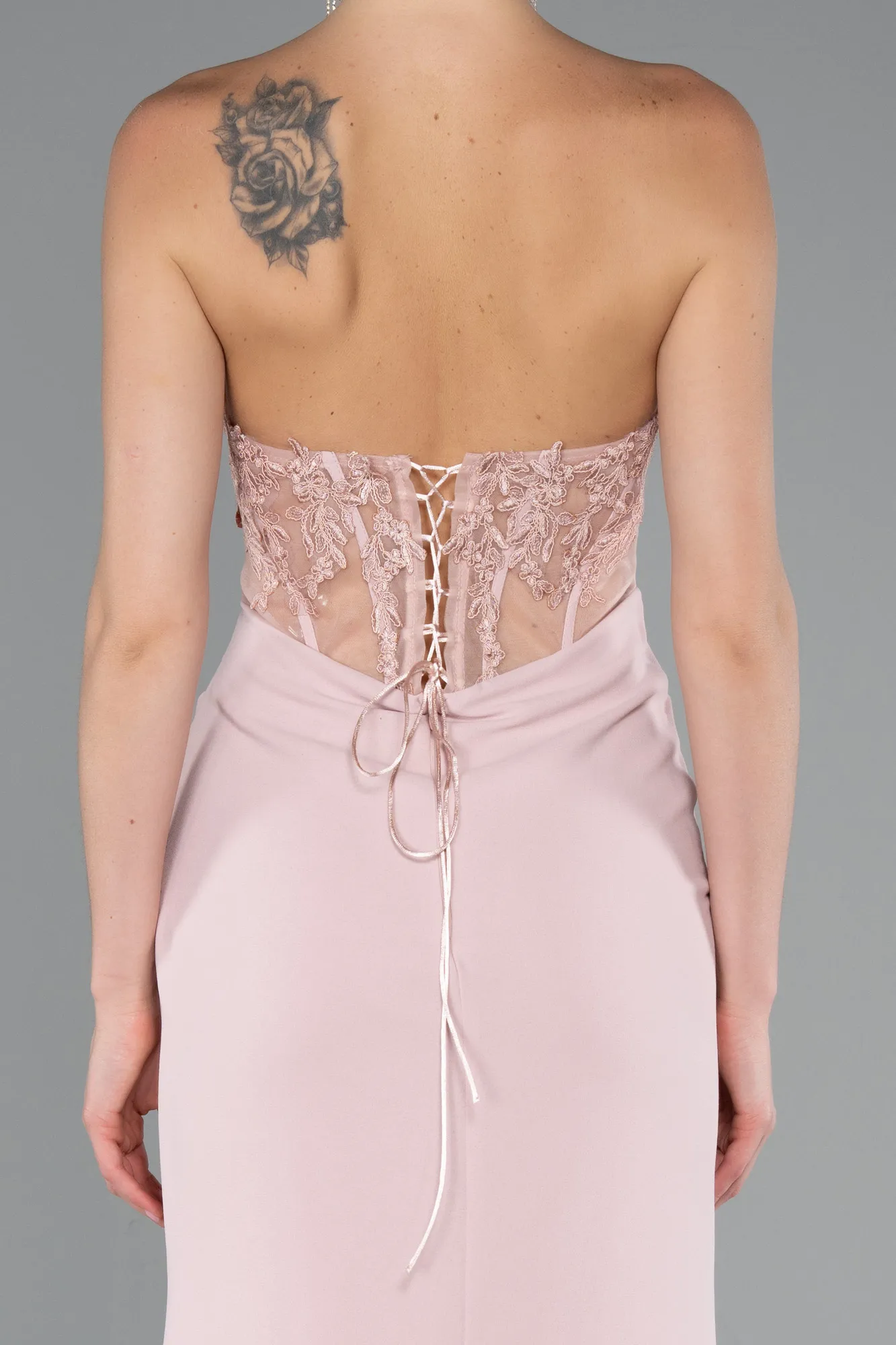 Powder Color-Strapless Lace Appliqued Slit Long Evening Gown ABU5001