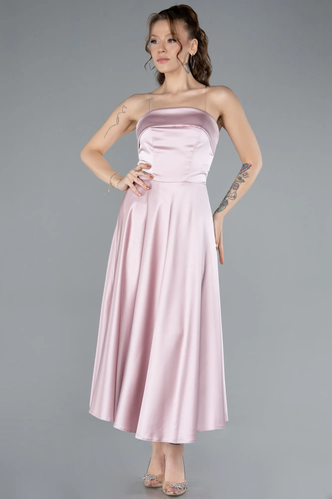 Powder Color-Strapless Midi Satin Cocktail Dress ABK2275