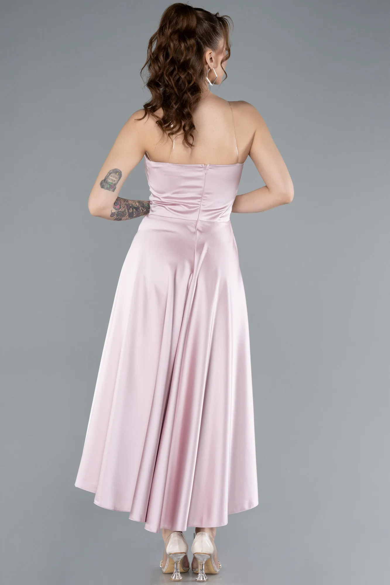 Powder Color-Strapless Midi Satin Cocktail Dress ABK2275