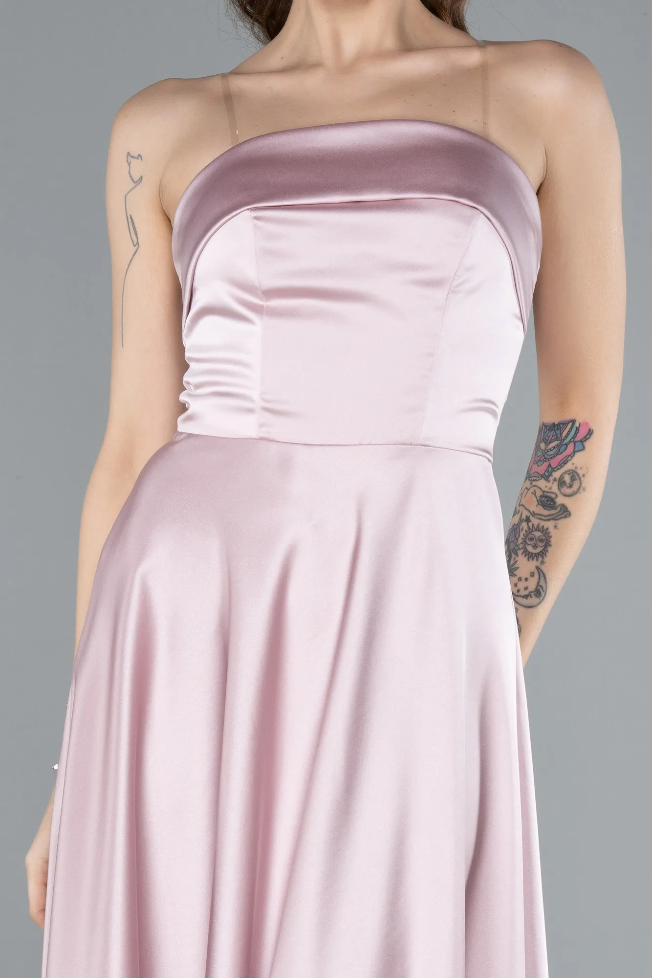 Powder Color-Strapless Midi Satin Cocktail Dress ABK2275