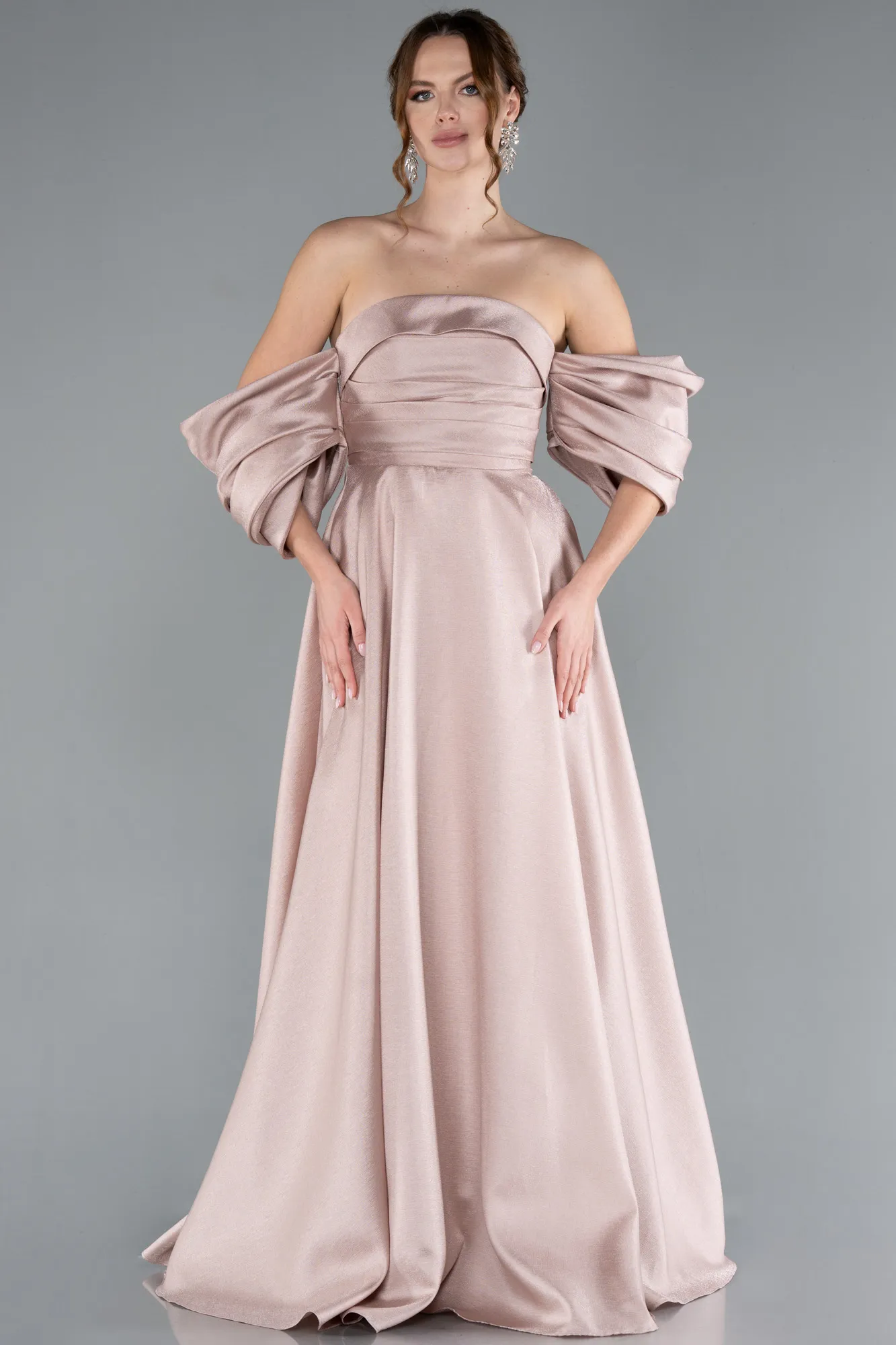 Powder Color-Strapless Puff Sleeves Long Taffeta Prom Dress ABU4783