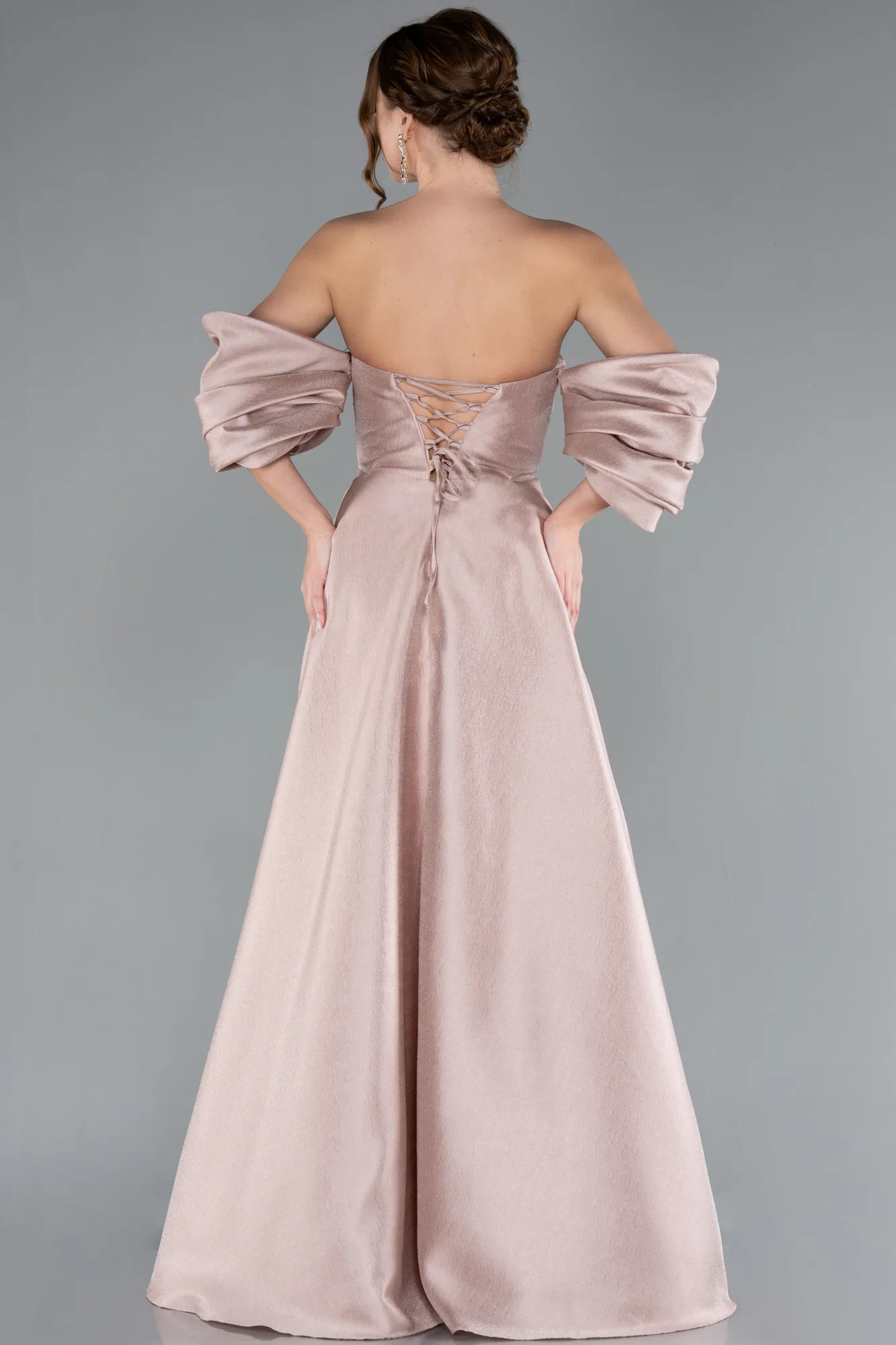 Powder Color-Strapless Puff Sleeves Long Taffeta Prom Dress ABU4783