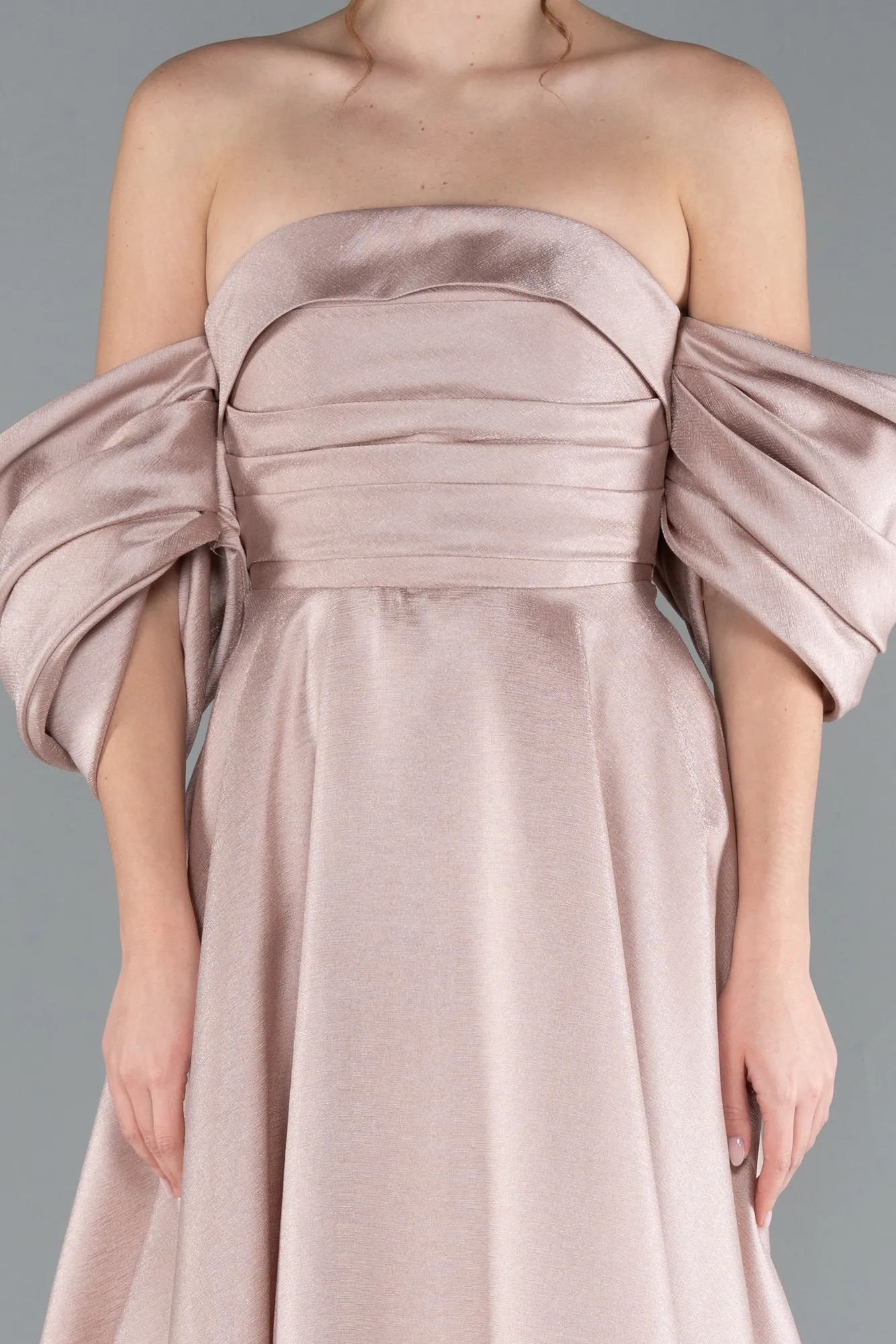 Powder Color-Strapless Puff Sleeves Long Taffeta Prom Dress ABU4783